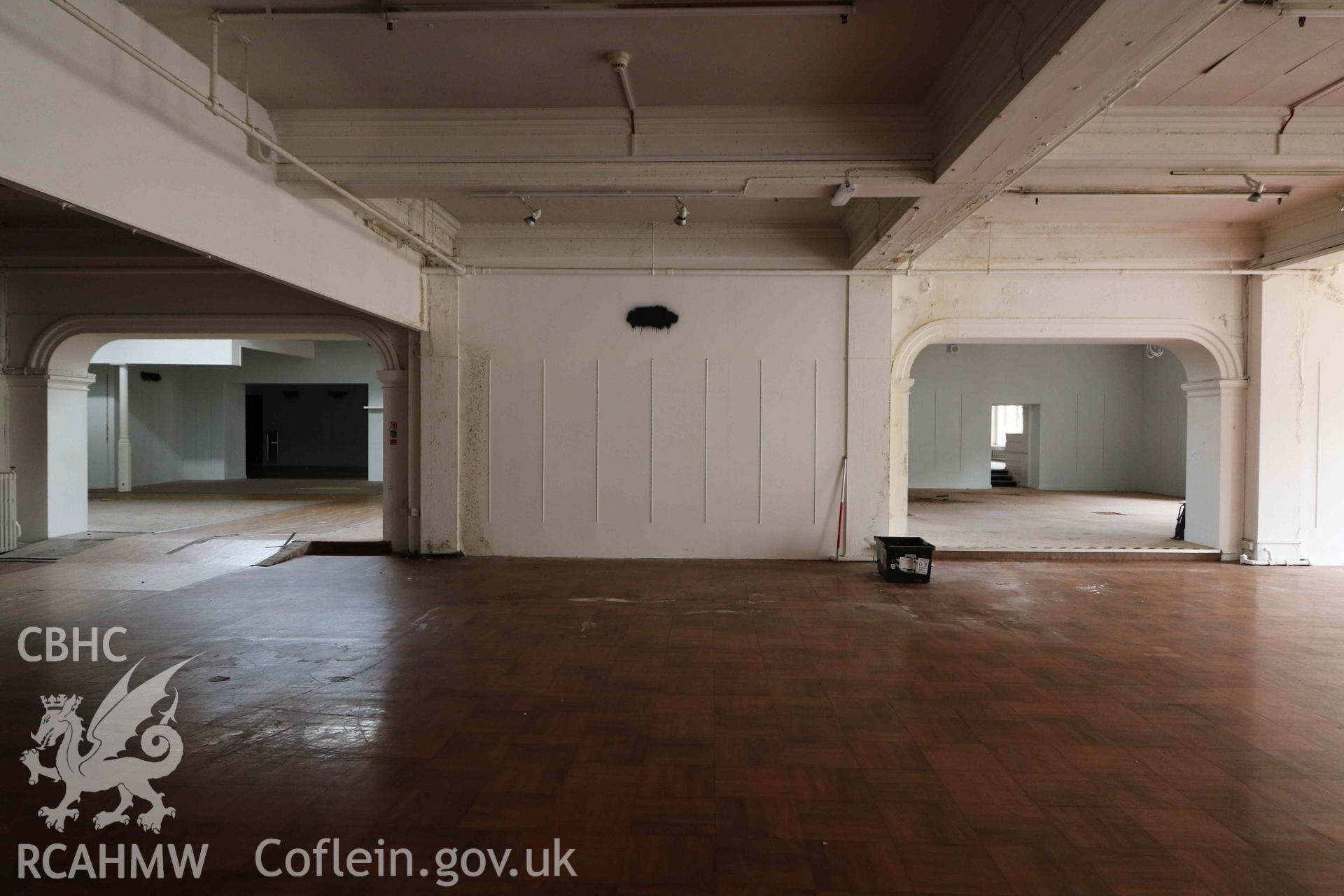 Photograph showing second floor hall, from a Level 4 Historic Building Record of the former Howells Department Store, Cardiff. Conducted as a part of listed building consent by Purcell Architecture in 2024.