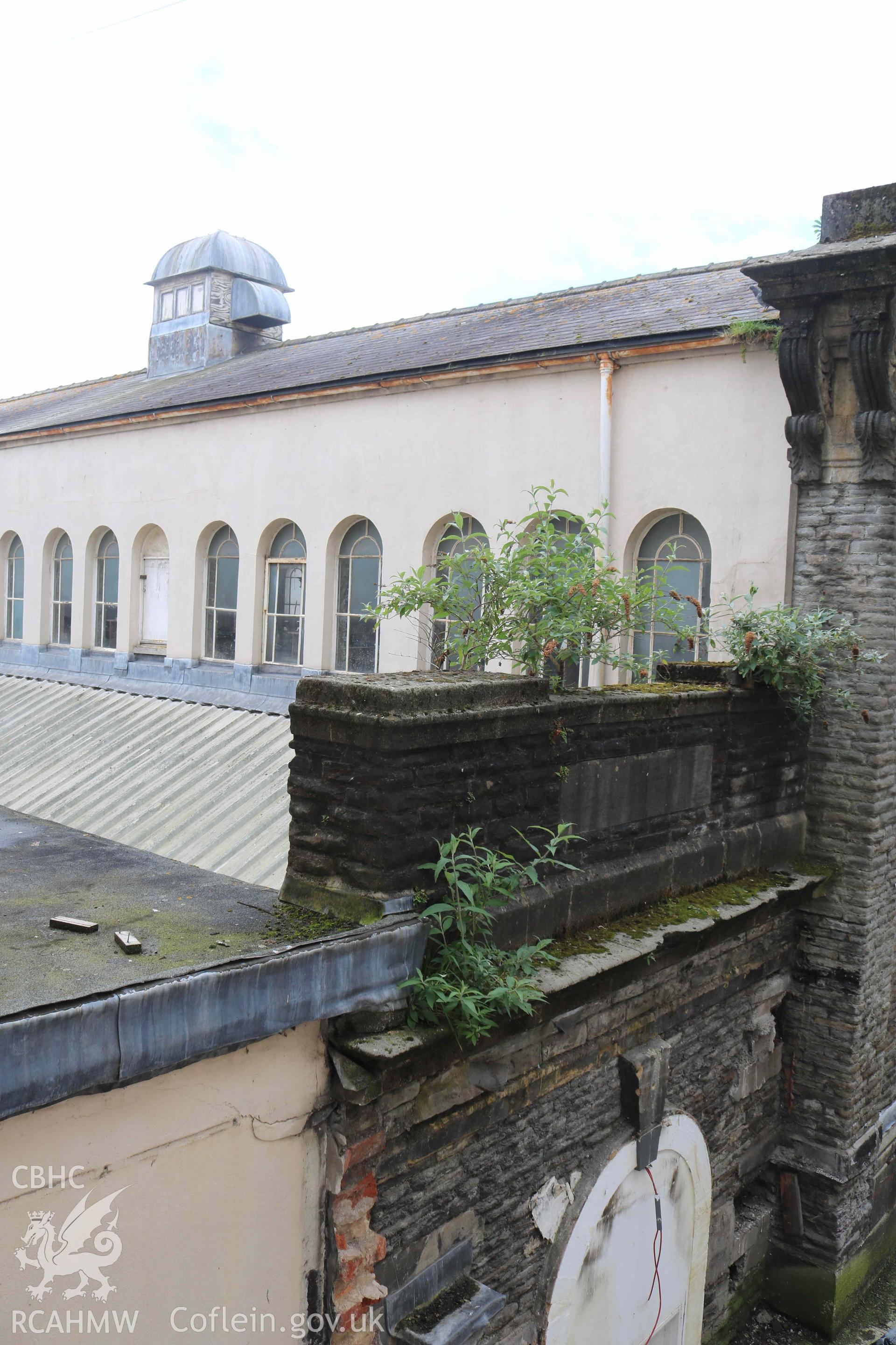 Photograph showing second floor - view of Bethany chapel from window, from a Level 4 Historic Building Record of the former Howells Department Store, Cardiff. Conducted as a part of listed building consent by Purcell Architecture in 2024.