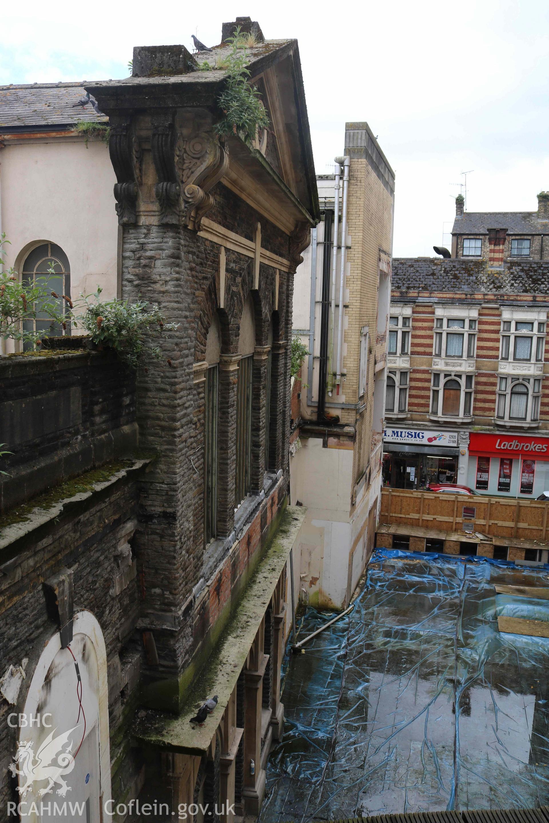 Photograph showing second floor - view of Bethany chapel from window, from a Level 4 Historic Building Record of the former Howells Department Store, Cardiff. Conducted as a part of listed building consent by Purcell Architecture in 2024.