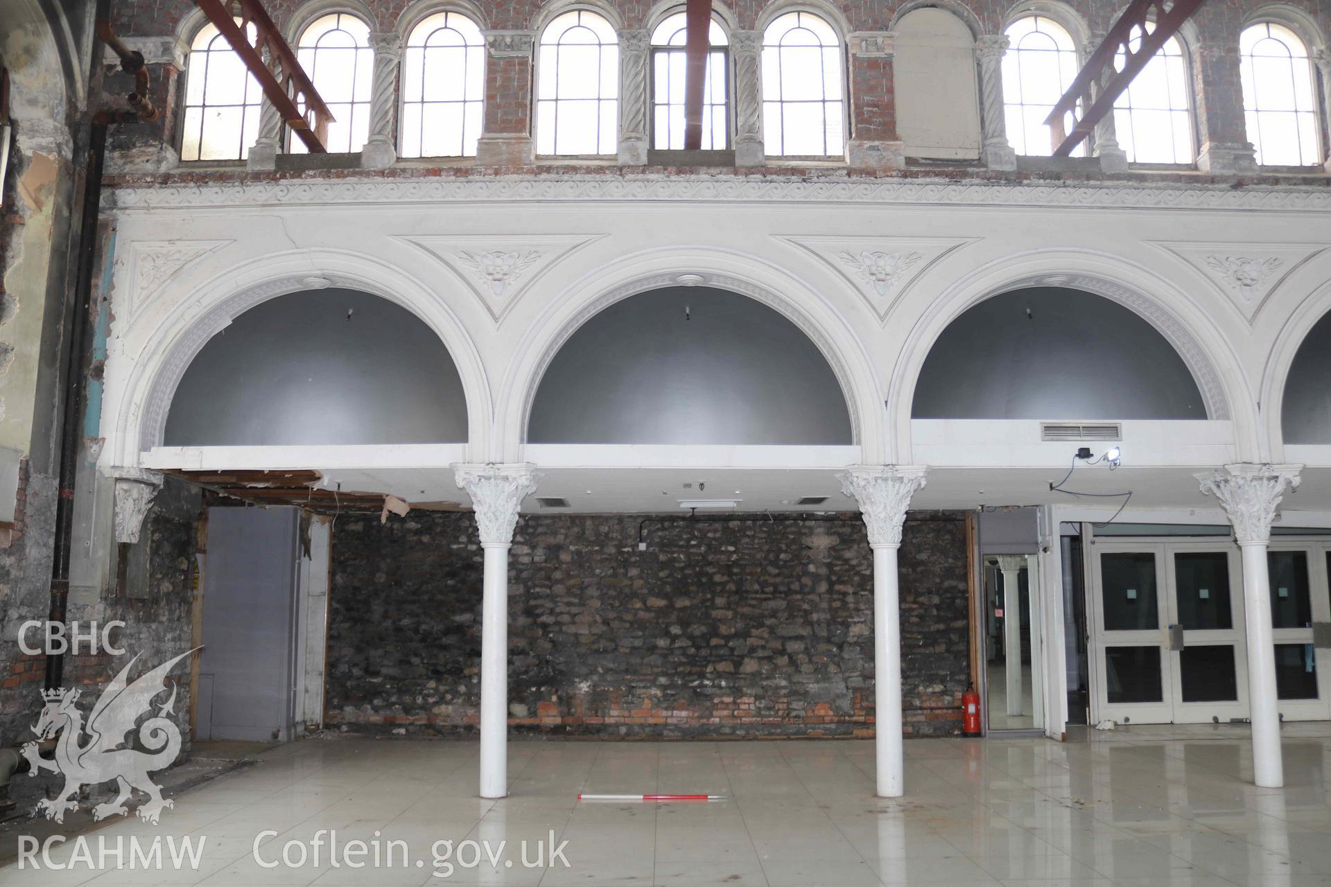 Photograph showing first floor - view of Bethany chapel interior, from a Level 4 Historic Building Record of the former Howells Department Store, Cardiff. Conducted as a part of listed building consent by Purcell Architecture in 2024.