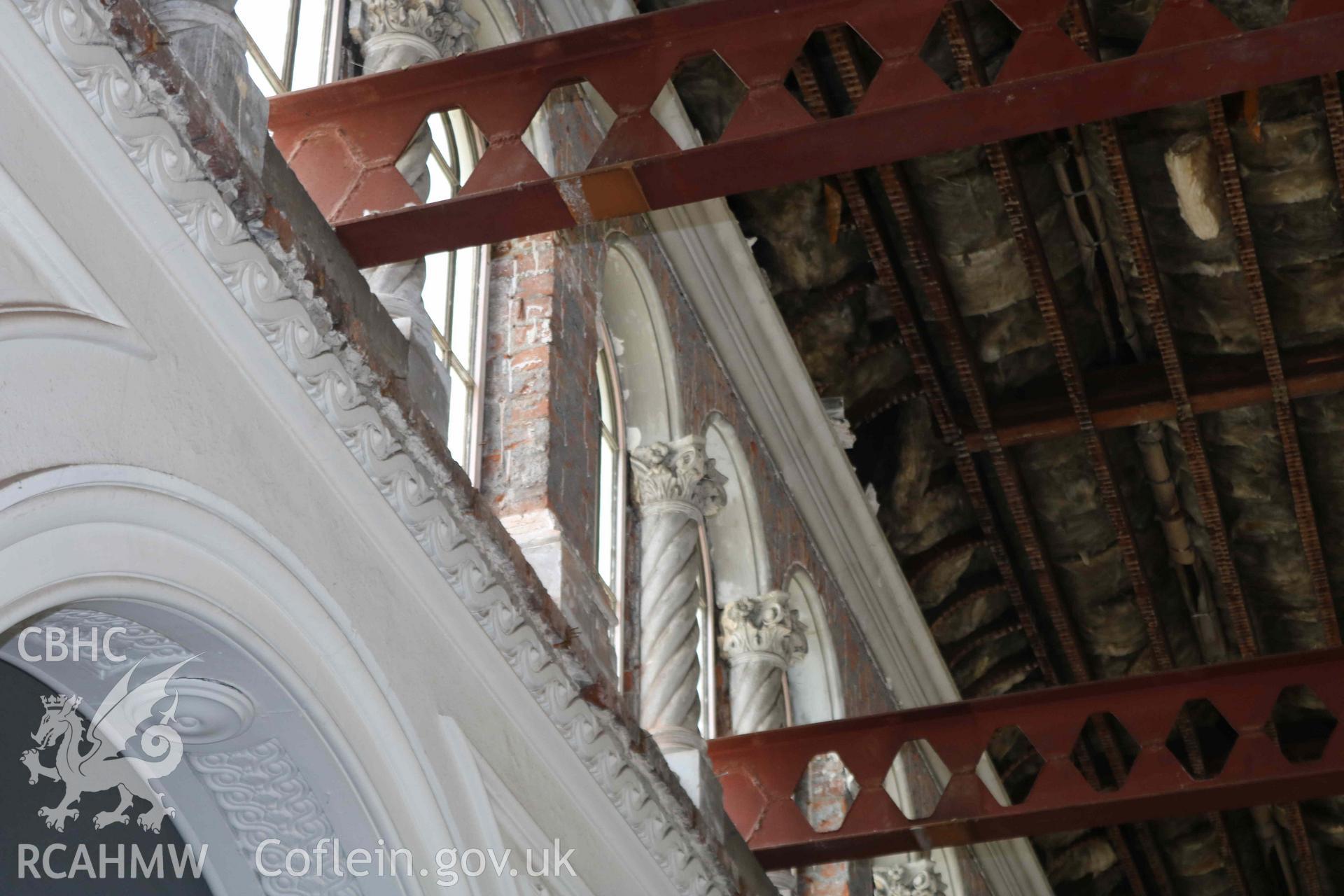 Photograph showing first floor - view of Bethany chapel interior (corbel detail), from a Level 4 Historic Building Record of the former Howells Department Store, Cardiff. Conducted as a part of listed building consent by Purcell Architecture in 2024.