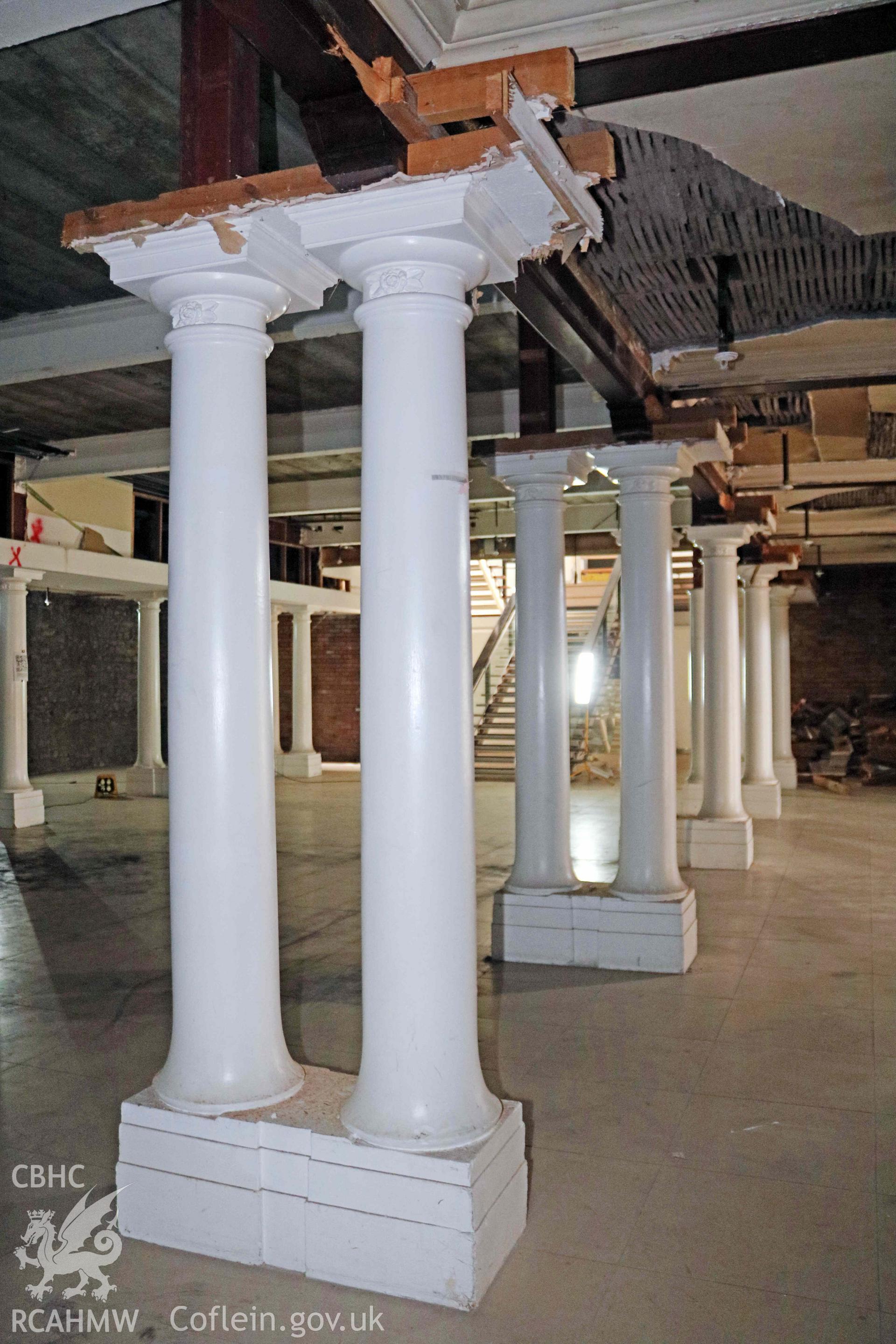 Photograph showing the chapel - column detail, from a Level 4 Historic Building Record of the former Howells Department Store, Cardiff. Conducted as a part of listed building consent by Purcell Architecture in 2024.