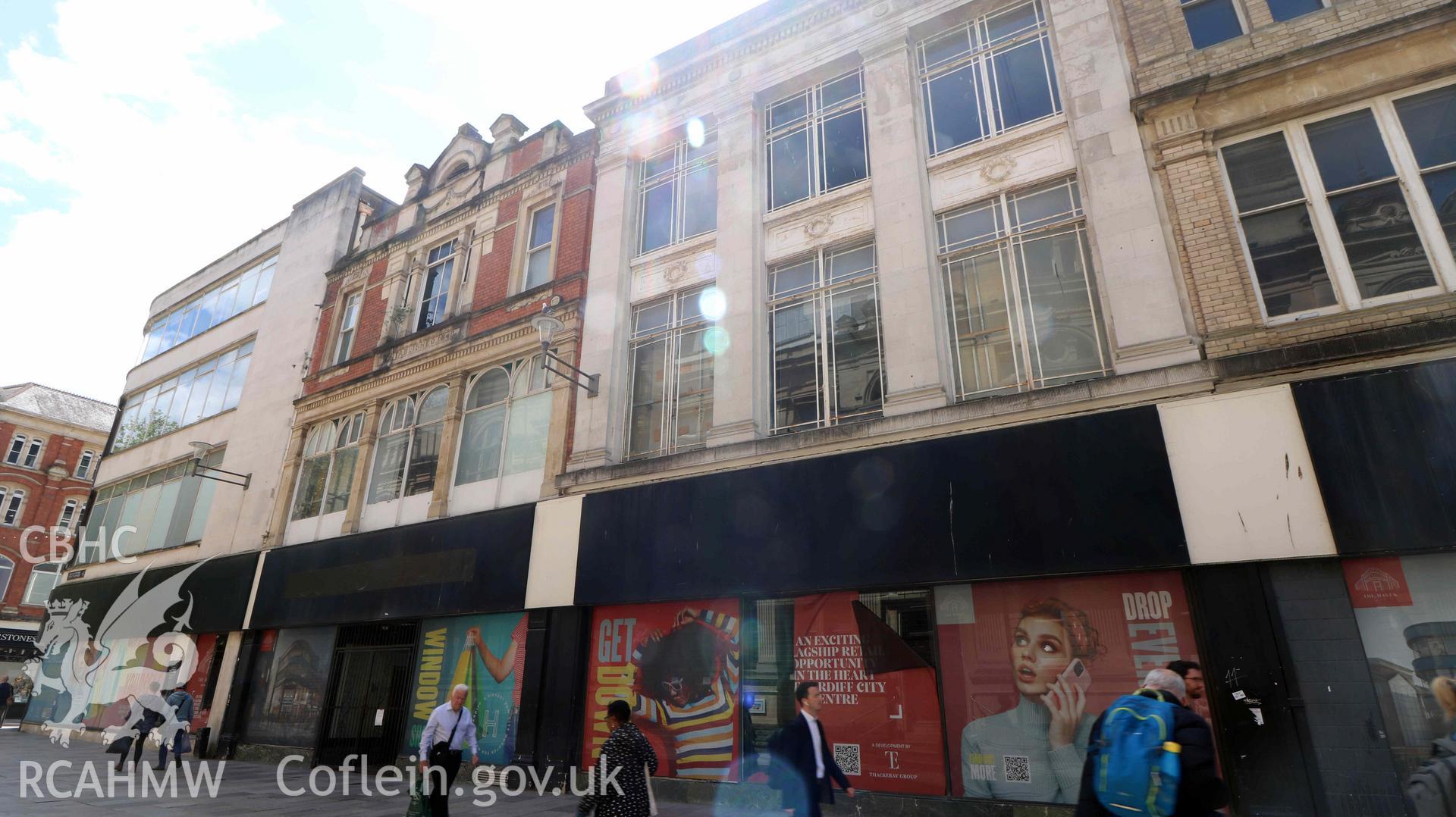 Photograph showing external elevation, Trinity Street, from a Level 4 Historic Building Record of the former Howells Department Store, Cardiff. Conducted as a part of listed building consent by Purcell Architecture in 2024.