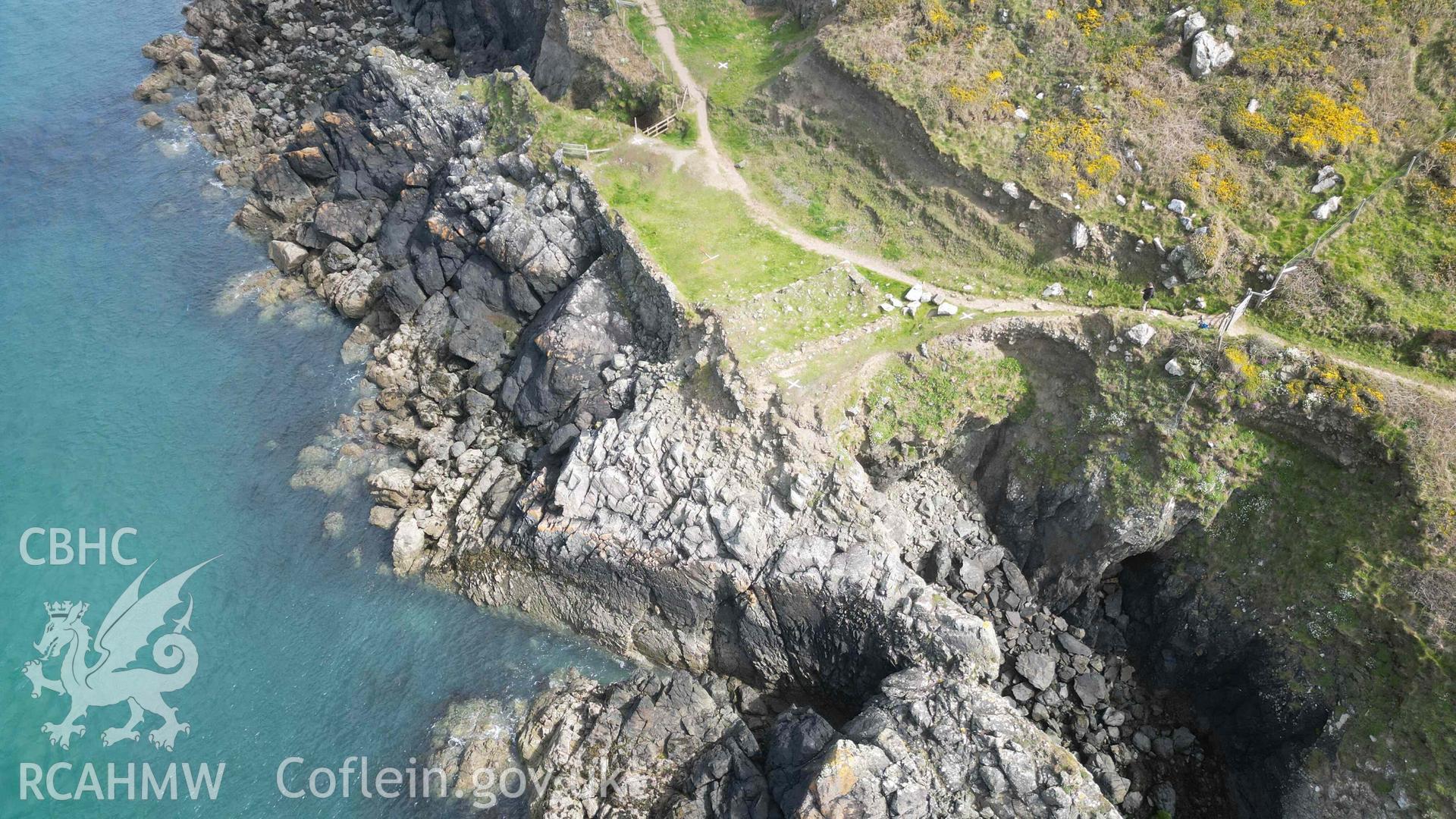 Oblique view, looking northeast, of Penmaenmelyn copper mine on 24/04/2024. Scales are 1m.