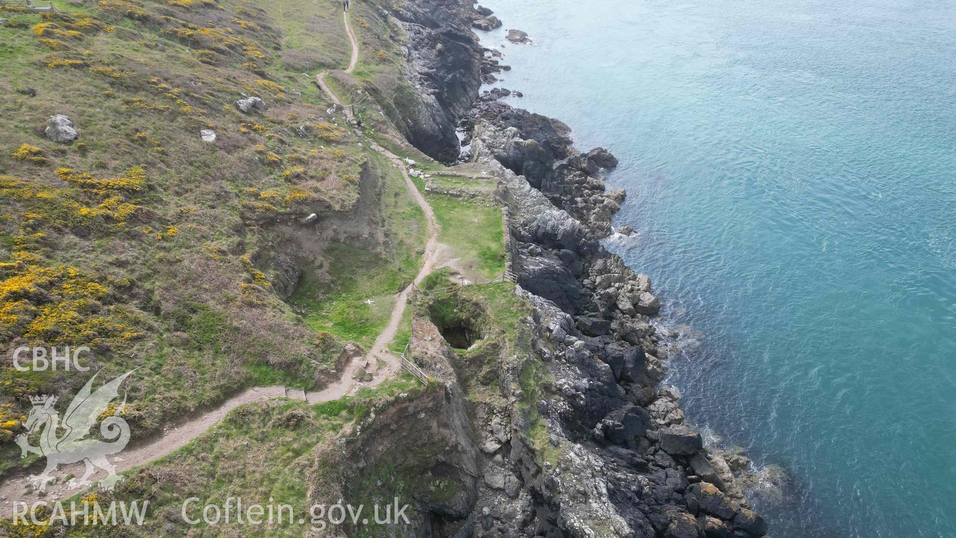 Oblique view, looking south, of Penmaenmelyn copper mine on 24/04/2024. Scales are 1m.