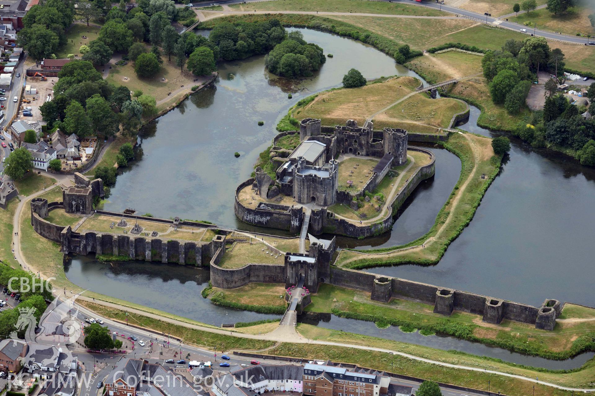 Aerial photograph of Caerphilly Castle. Oblique aerial photograph taken during the Royal Commission’s programme of archaeological aerial reconnaissance by Toby Driver on 26 June 2023