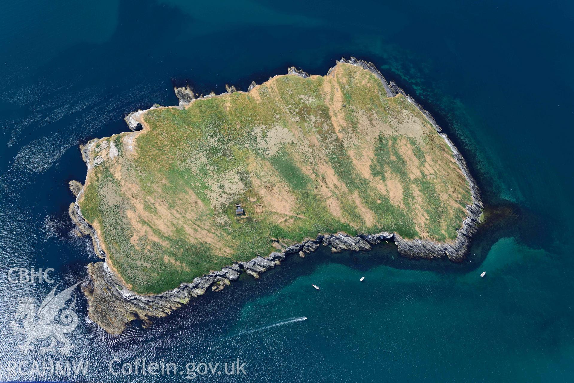 Footings of priory hall on St Tudwals Island East. Oblique aerial photograph taken during the Royal Commission’s programme of archaeological aerial reconnaissance by Toby Driver on 10 July 2018.