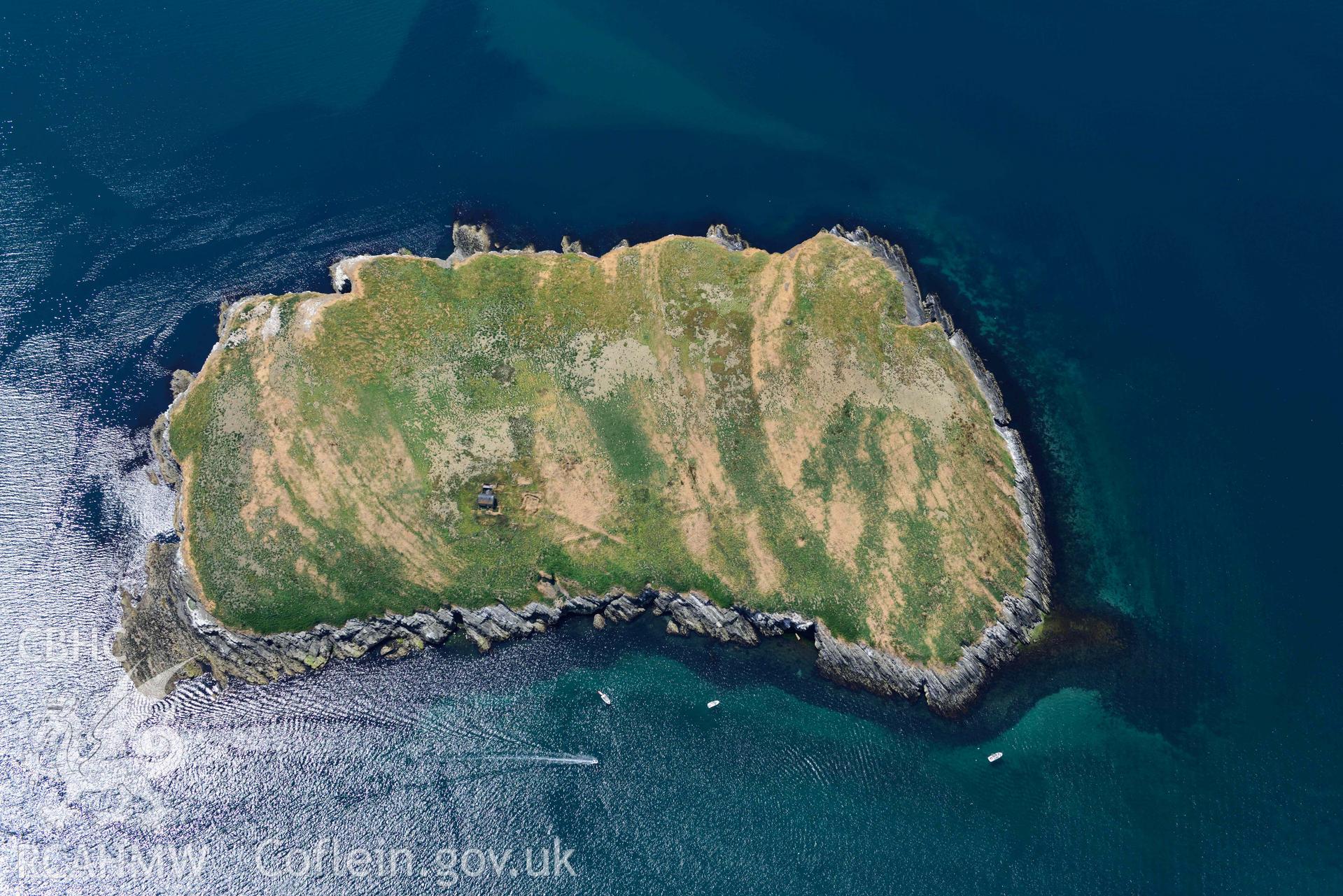 Footings of priory hall on St Tudwals Island East. Oblique aerial photograph taken during the Royal Commission’s programme of archaeological aerial reconnaissance by Toby Driver on 10 July 2018.