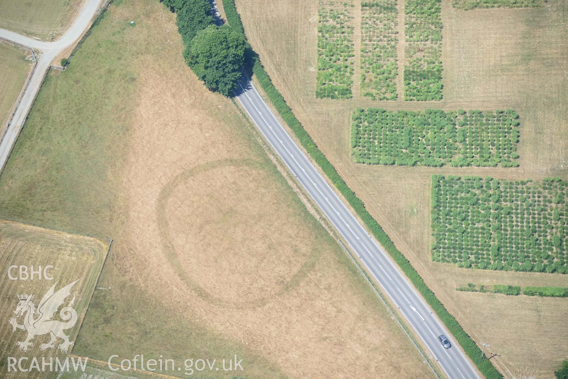 Gogerddan enclosure. Oblique aerial photograph taken during the Royal Commission’s programme of archaeological aerial reconnaissance by Toby Driver on 10 July 2018.