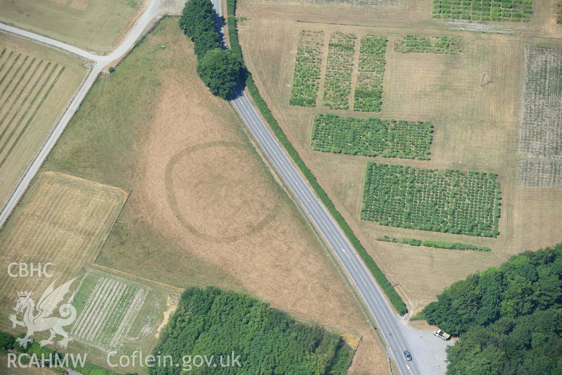 Gogerddan enclosure. Oblique aerial photograph taken during the Royal Commission’s programme of archaeological aerial reconnaissance by Toby Driver on 10 July 2018.