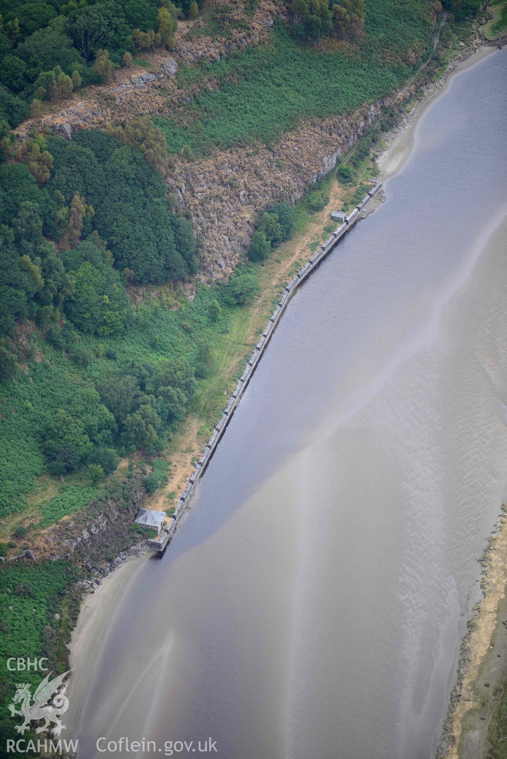 Close-up view of Tyddyn Isa slate quay. Oblique aerial photograph taken during the Royal Commission’s programme of archaeological aerial reconnaissance by Toby Driver on 10 July 2018.