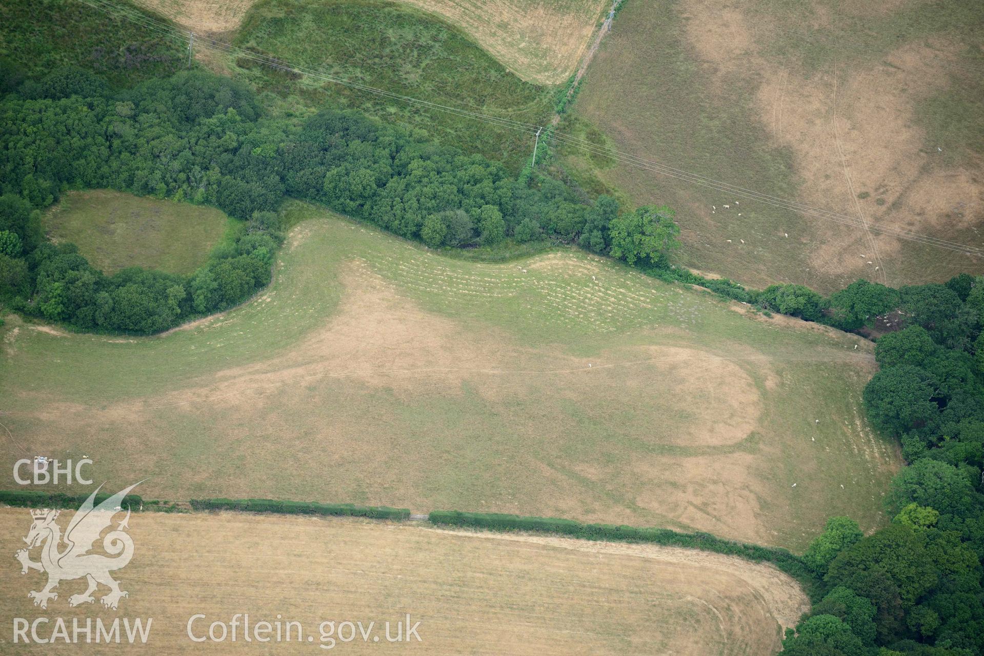 Detailed view of Bwlch y Ffordd Isa defended enclosure. Oblique aerial photograph taken during the Royal Commission’s programme of archaeological aerial reconnaissance by Toby Driver on 10 July 2018.