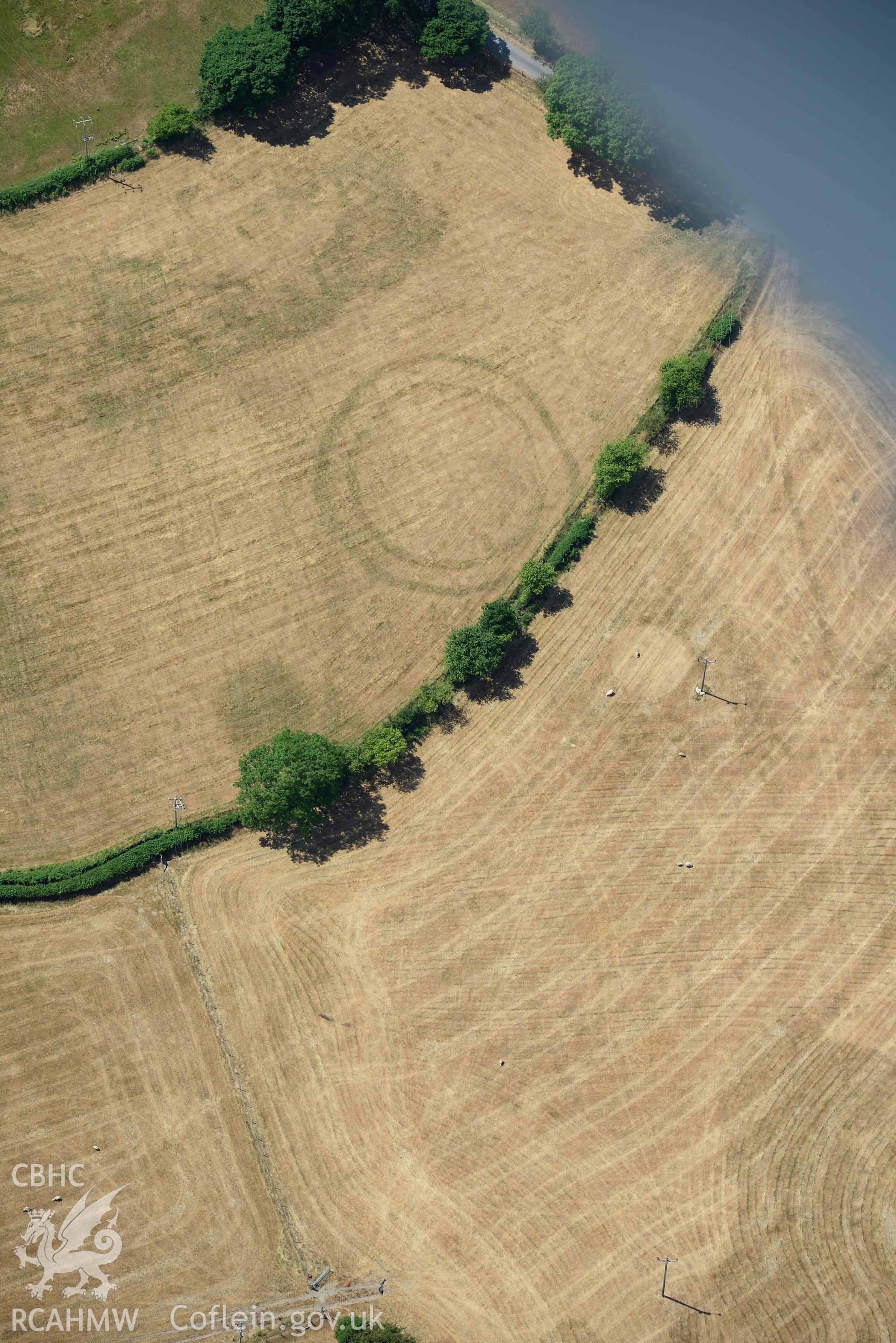 Detailed view of Pen y Wal Dollwen barrow and Dollwen barrow. Oblique aerial photograph taken during the Royal Commission’s programme of archaeological aerial reconnaissance by Toby Driver on 10 July 2018.