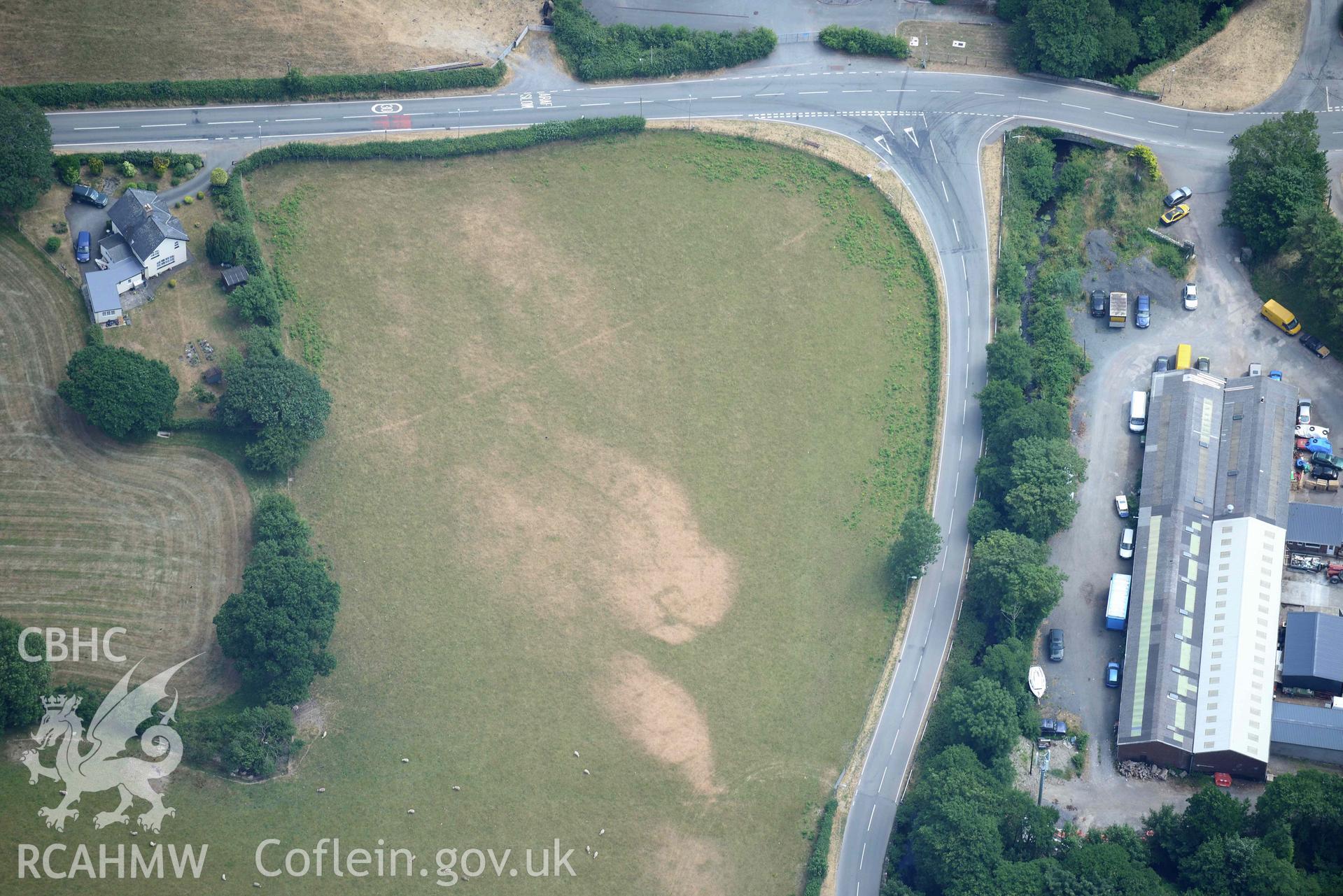 Bryncrug square barrow. Oblique aerial photograph taken during the Royal Commission’s programme of archaeological aerial reconnaissance by Toby Driver on 10 July 2018.