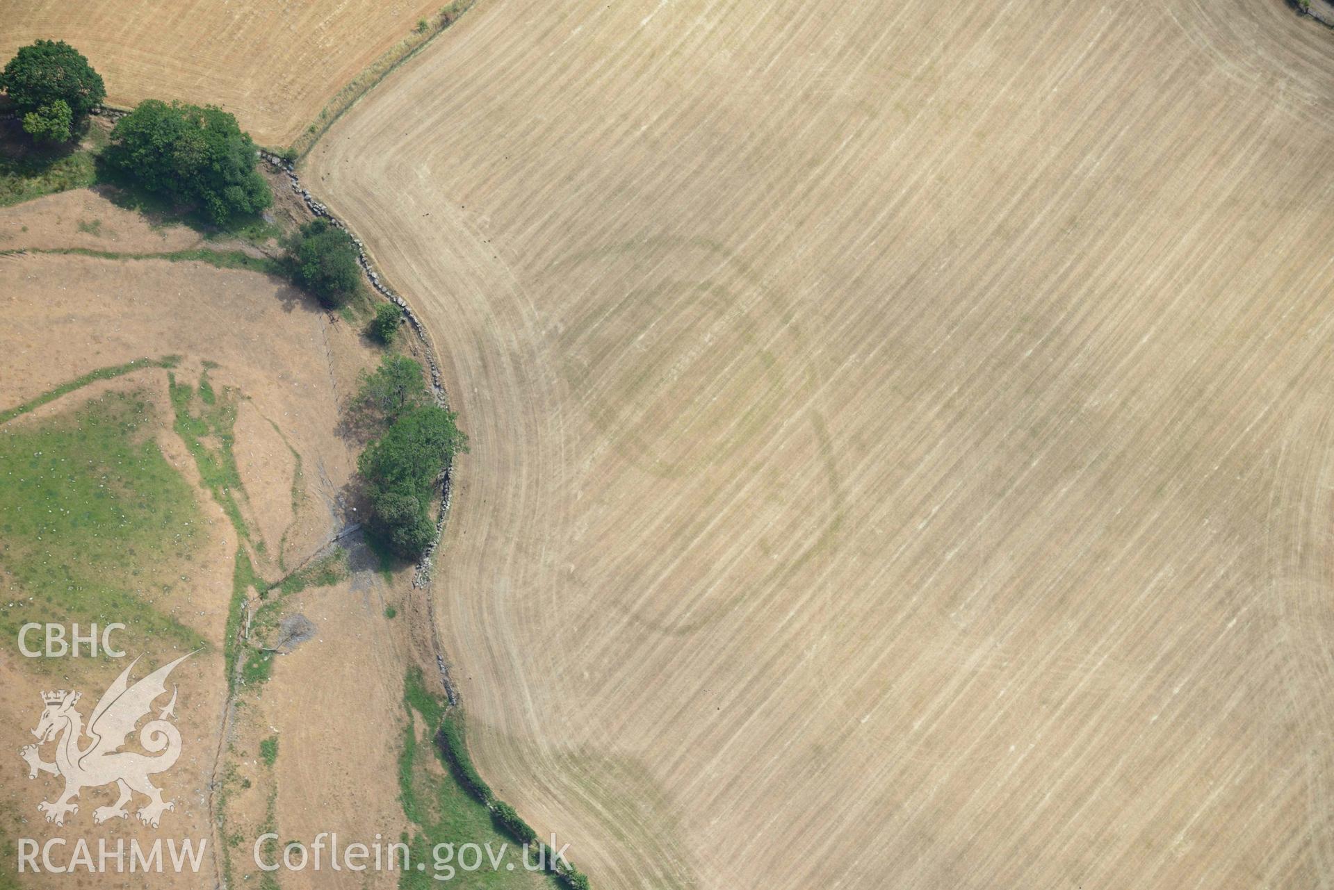 Close-up view of Dyffryn Dysynni defended enclosure. Oblique aerial photograph taken during the Royal Commission’s programme of archaeological aerial reconnaissance by Toby Driver on 10 July 2018.