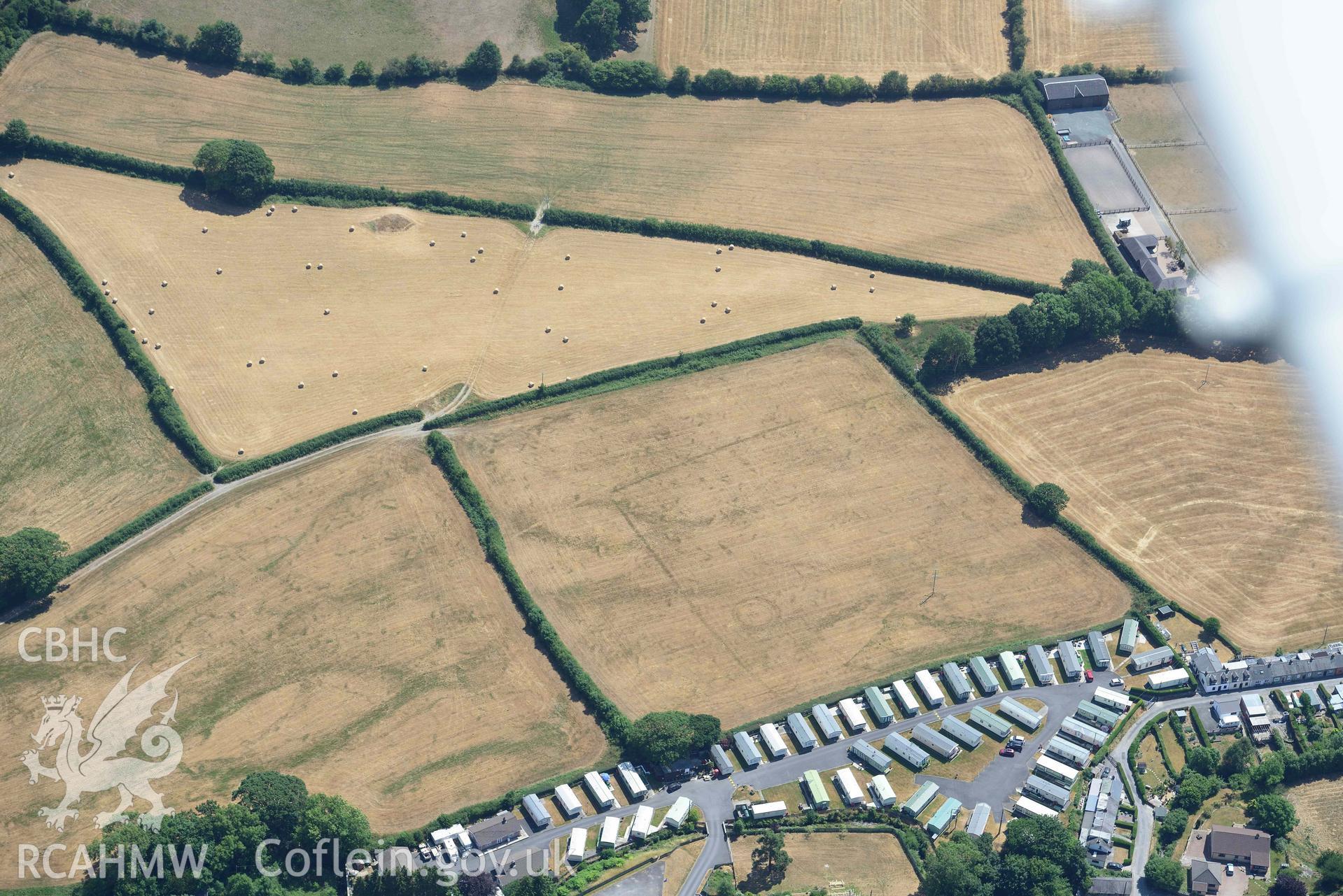 Detailed view of Dolypandy round barrow. Oblique aerial photograph taken during the Royal Commission’s programme of archaeological aerial reconnaissance by Toby Driver on 10 July 2018.