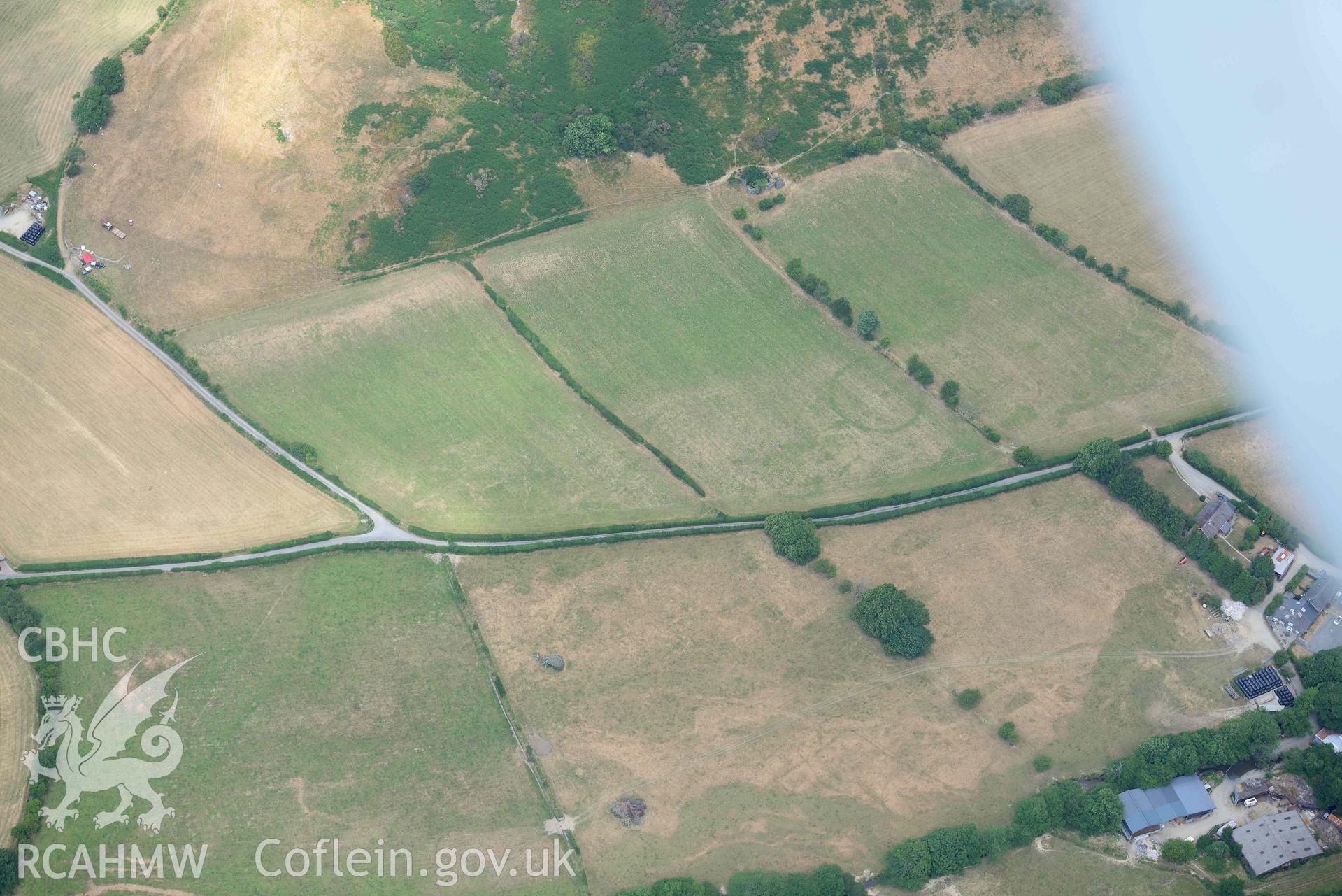 Ringditch cropmark at Dyffryn Gwyn. Oblique aerial photograph taken during the Royal Commission’s programme of archaeological aerial reconnaissance by Toby Driver on 10 July 2018.