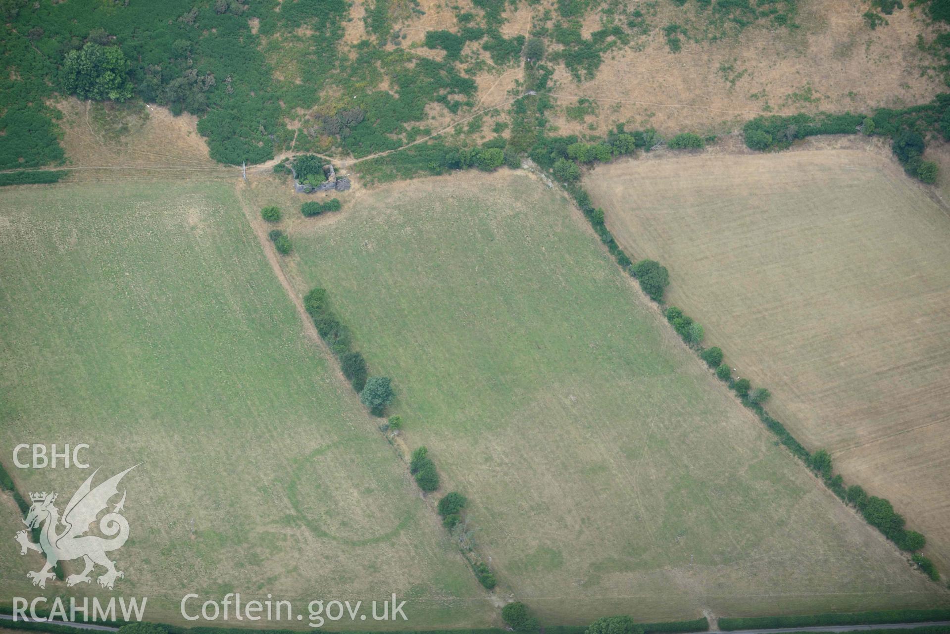 Detailed view of ringditch cropmark at Dyffryn Gwyn. Oblique aerial photograph taken during the Royal Commission’s programme of archaeological aerial reconnaissance by Toby Driver on 10 July 2018.