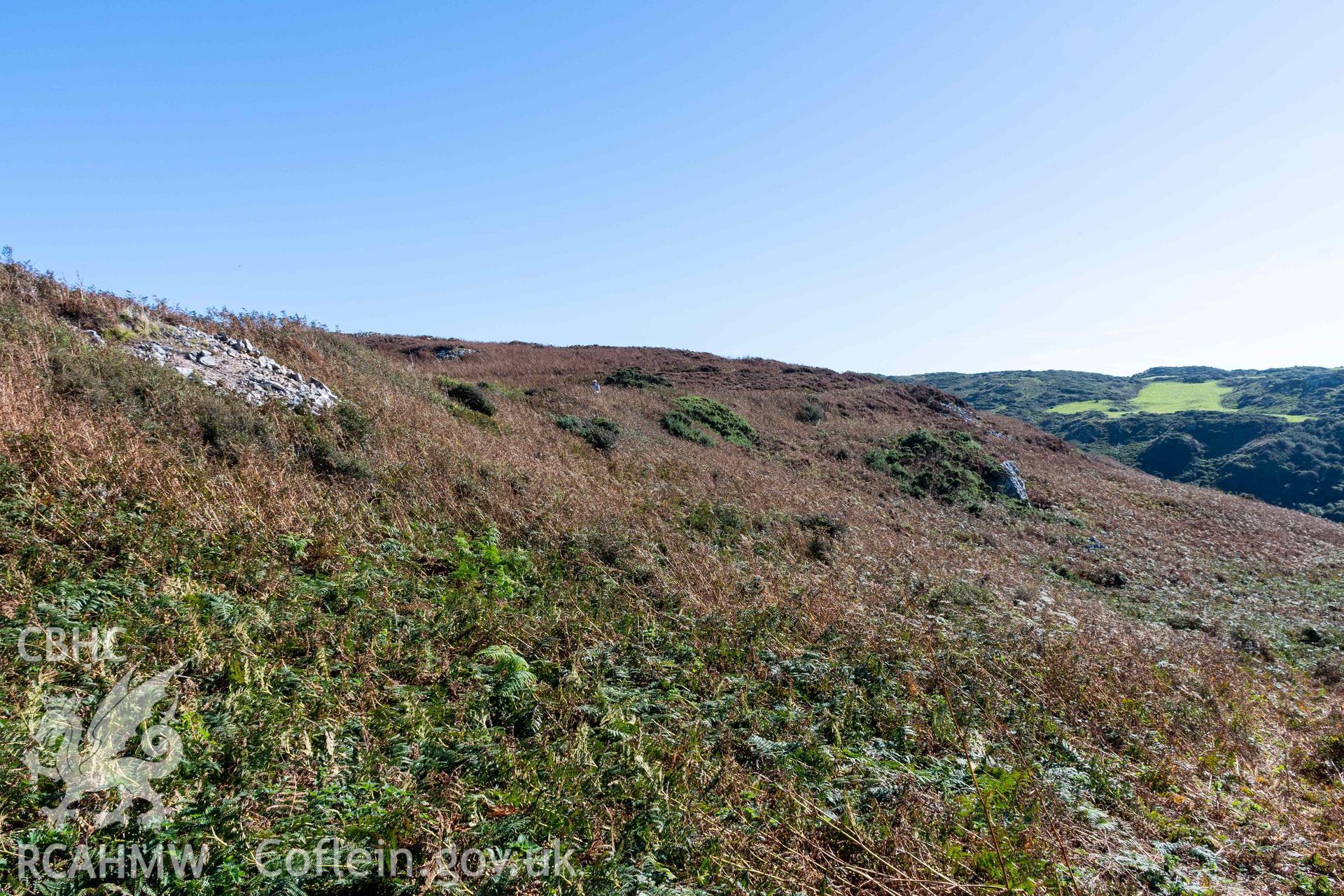 Dinas Gynfor Coastal Hillfort. View looking east across to the main inner rampart of the hillfort (with scale).