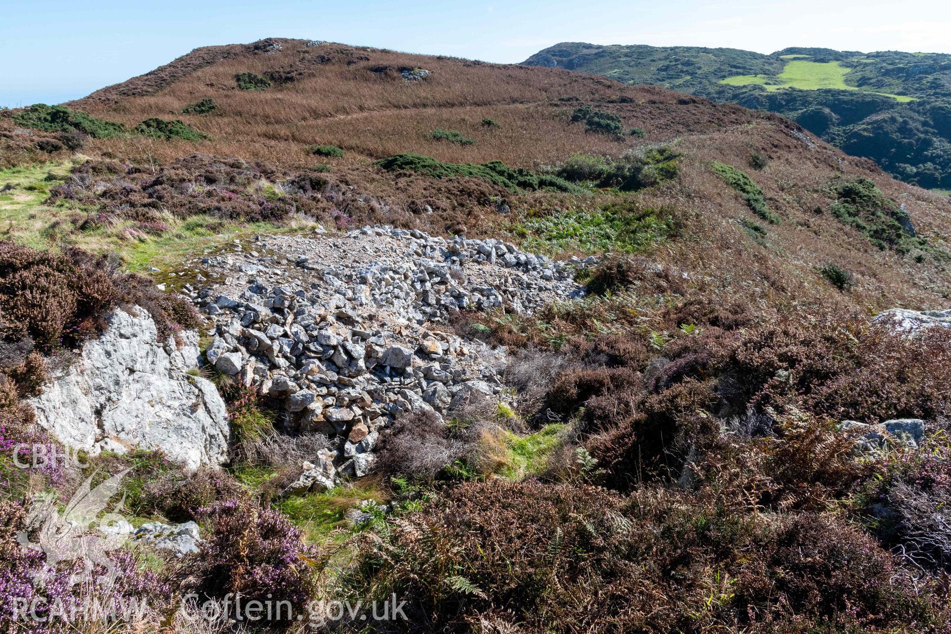 Dinas Gynfor Coastal Hillfort. Evidence of quarrying and industrial activity just inside the inner rampart.