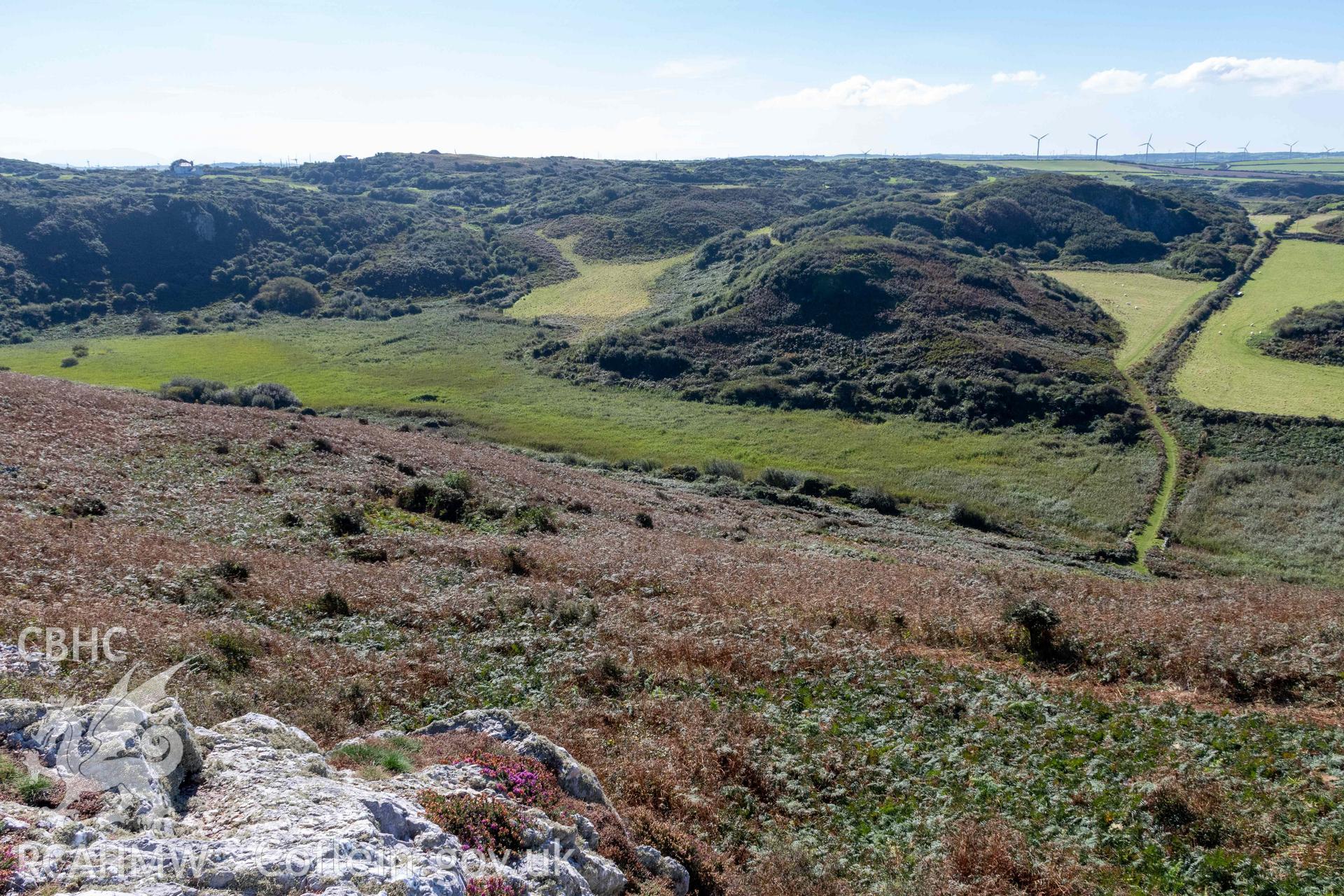 Dinas Gynfor Coastal Hillfort. View from hillfort interior looking southwest to the marshy valley on the landward side of the hillfort.