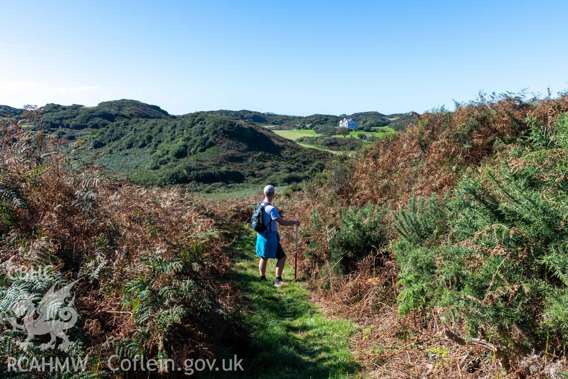 Dinas Gynfor Coastal Hillfort. Entrance into hillfort at the southeastern end (with scale).