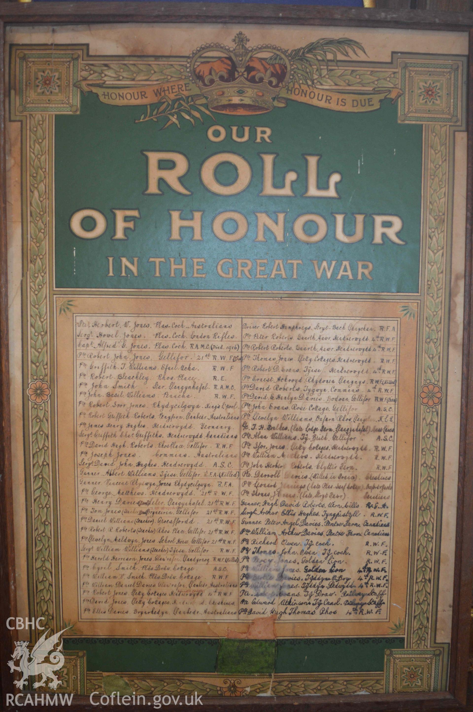 Photograph showing the Great War Roll of Honour – names entered onto canvas in ink. From an Archaeological Survey and Watching Brief of St Cynhafal’s Church, Llangynhafal, carried out by Clwyd-Powys Archaeological Trust in 2021. Project no. 2520.