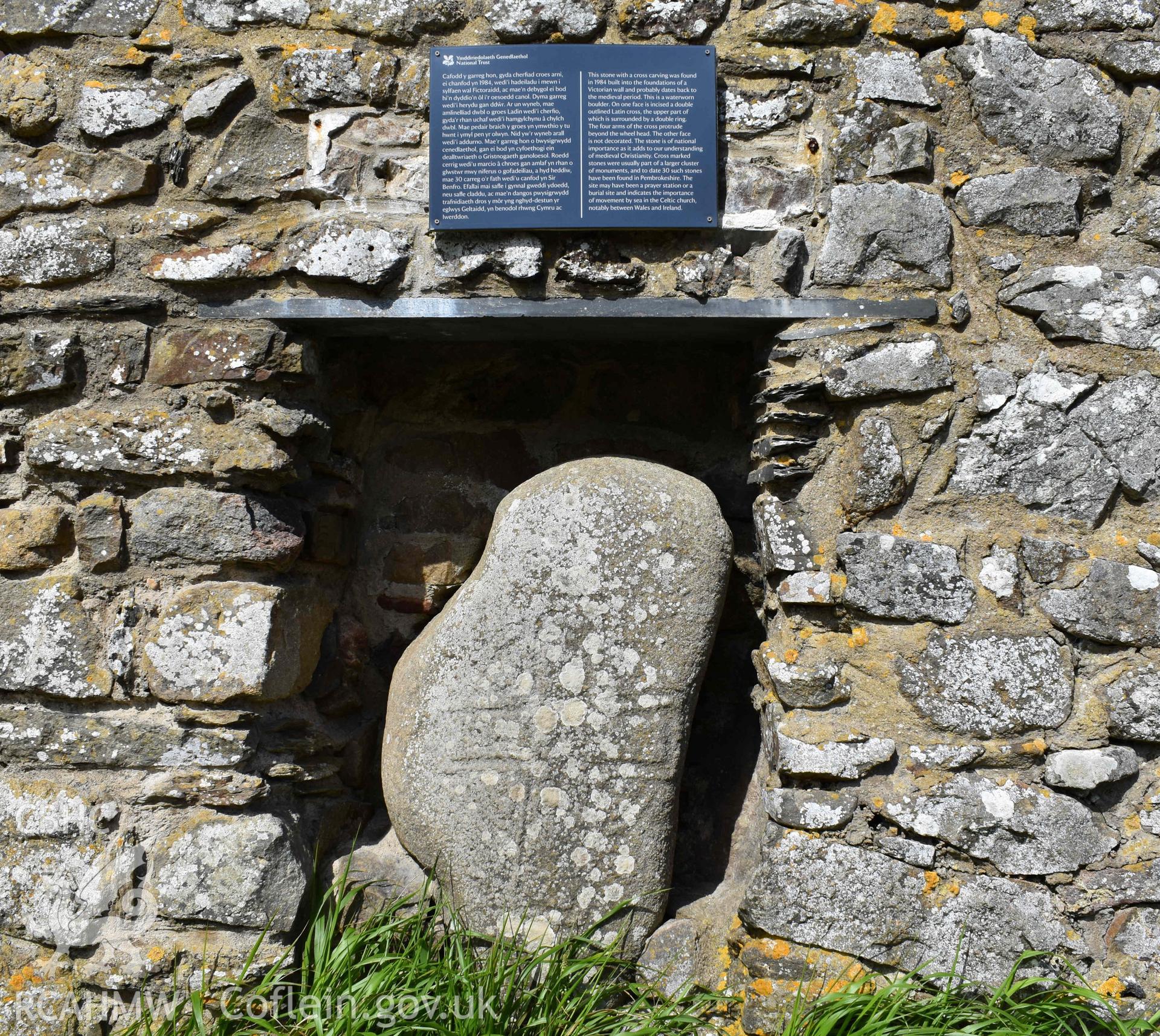 Marloes 1, cross-carved stone, within its modern setting at Martin's Haven, on 16/05/2024.