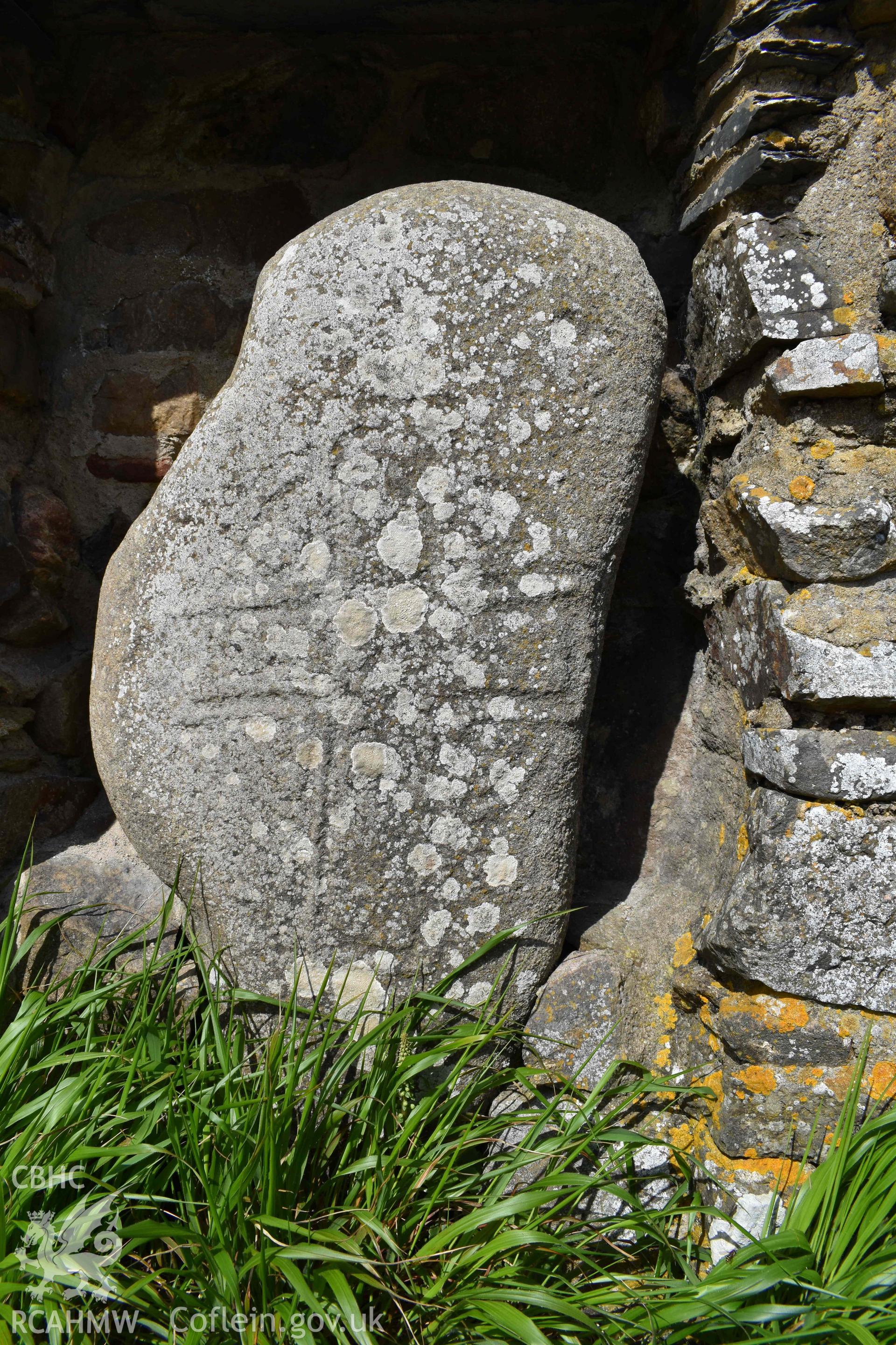 Marloes 1, cross-carved stone, within its modern setting at Martin's Haven, on 16/05/2024.