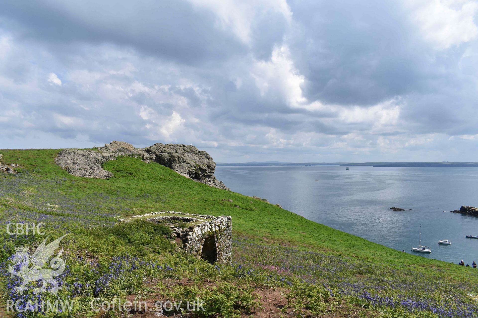 Skomer Lime Kiln 1, looking northeast, on 16/05/2024. St Brides Bay can be seen in the background.