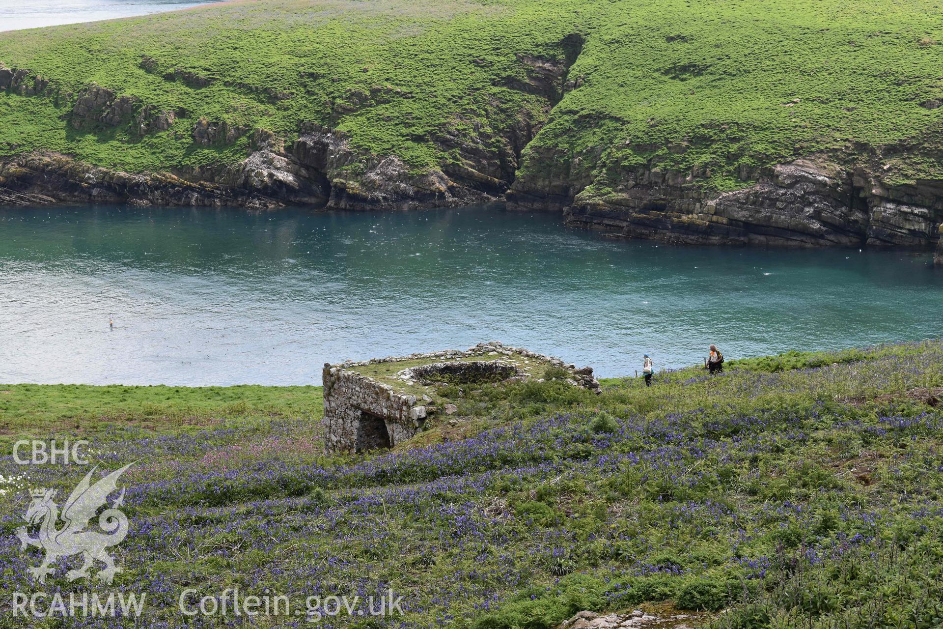 Skomer Lime Kiln 1, top of lime kiln looking east, on 16/05/2024. North Haven can be seen in the background.