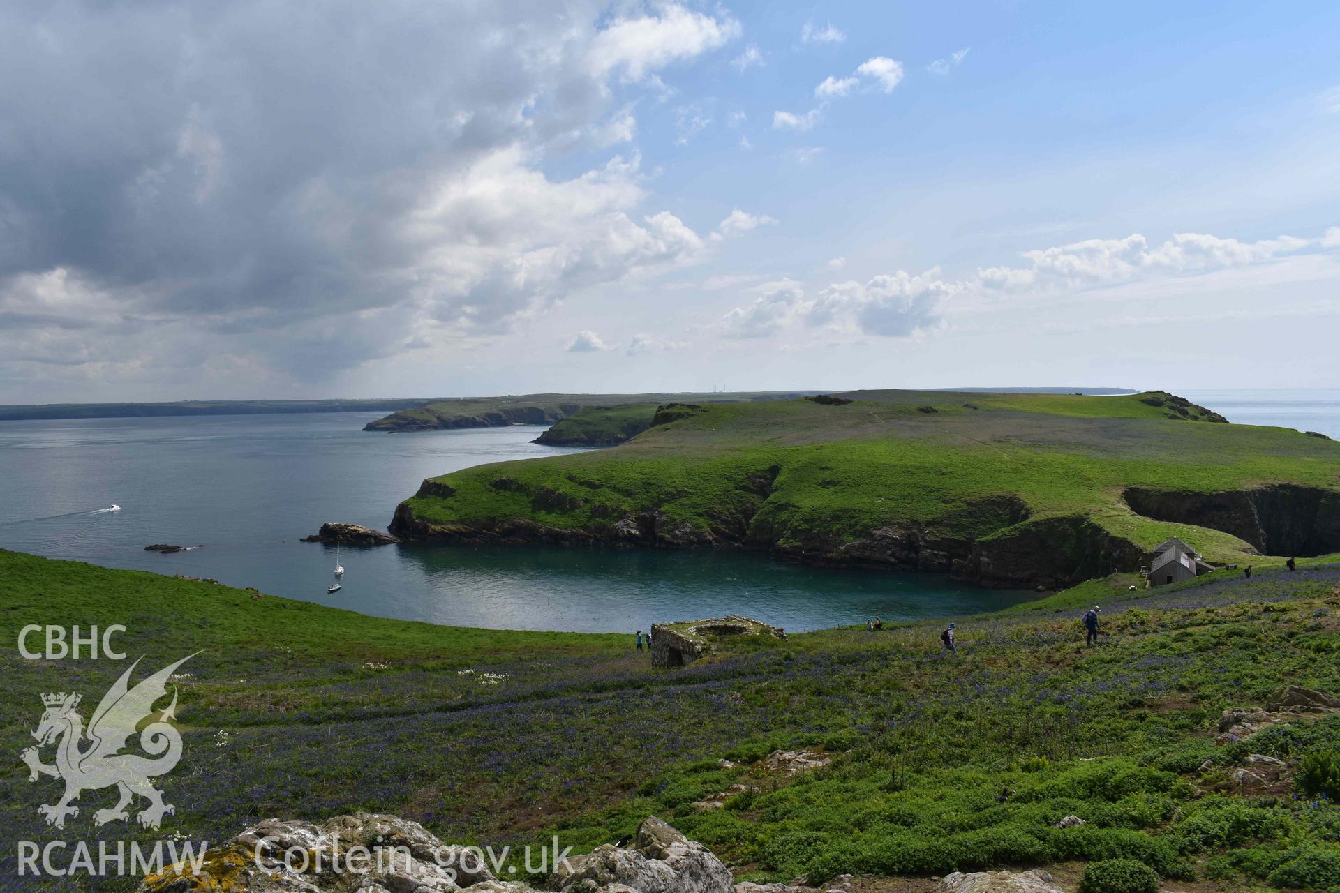 Skomer Lime Kiln 1, top of lime kiln looking east, on 16/05/2024. North Haven can be seen in the background.