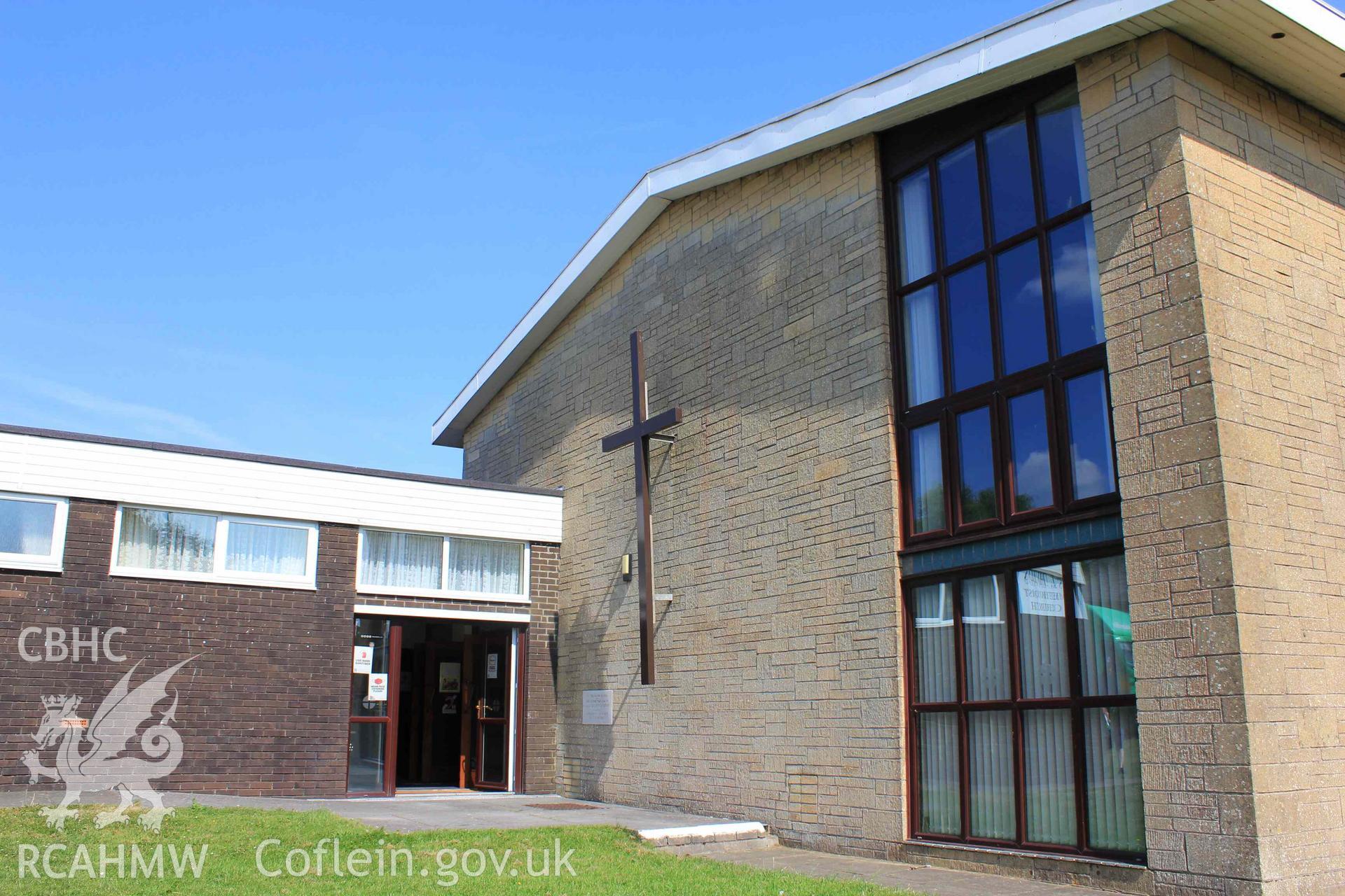 Exterior. St Davids Methodist Church sign and large cross on north west wall