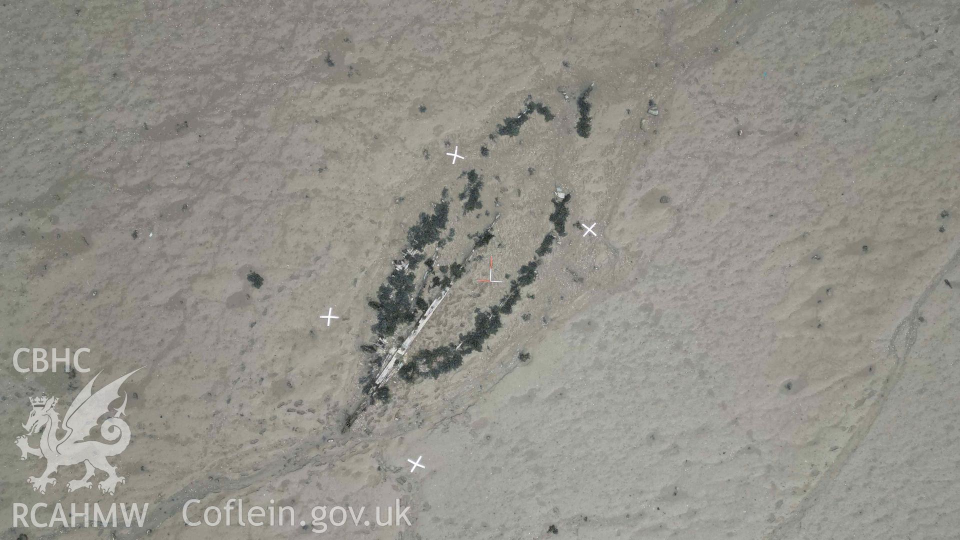 Overhead view of Mumbles Wreck 1 on 08/05/2024, during a photogrammetry survey. North is to the top, scales are 1m.