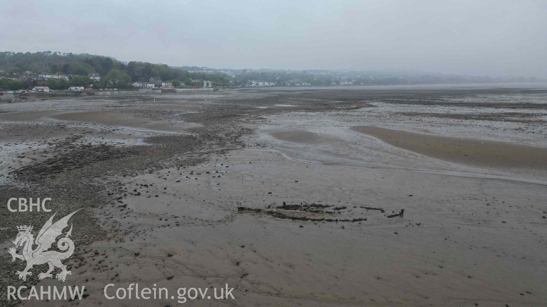 General oblique view of Mumbles Wreck 1, looking northwest, on 08/05/2024.