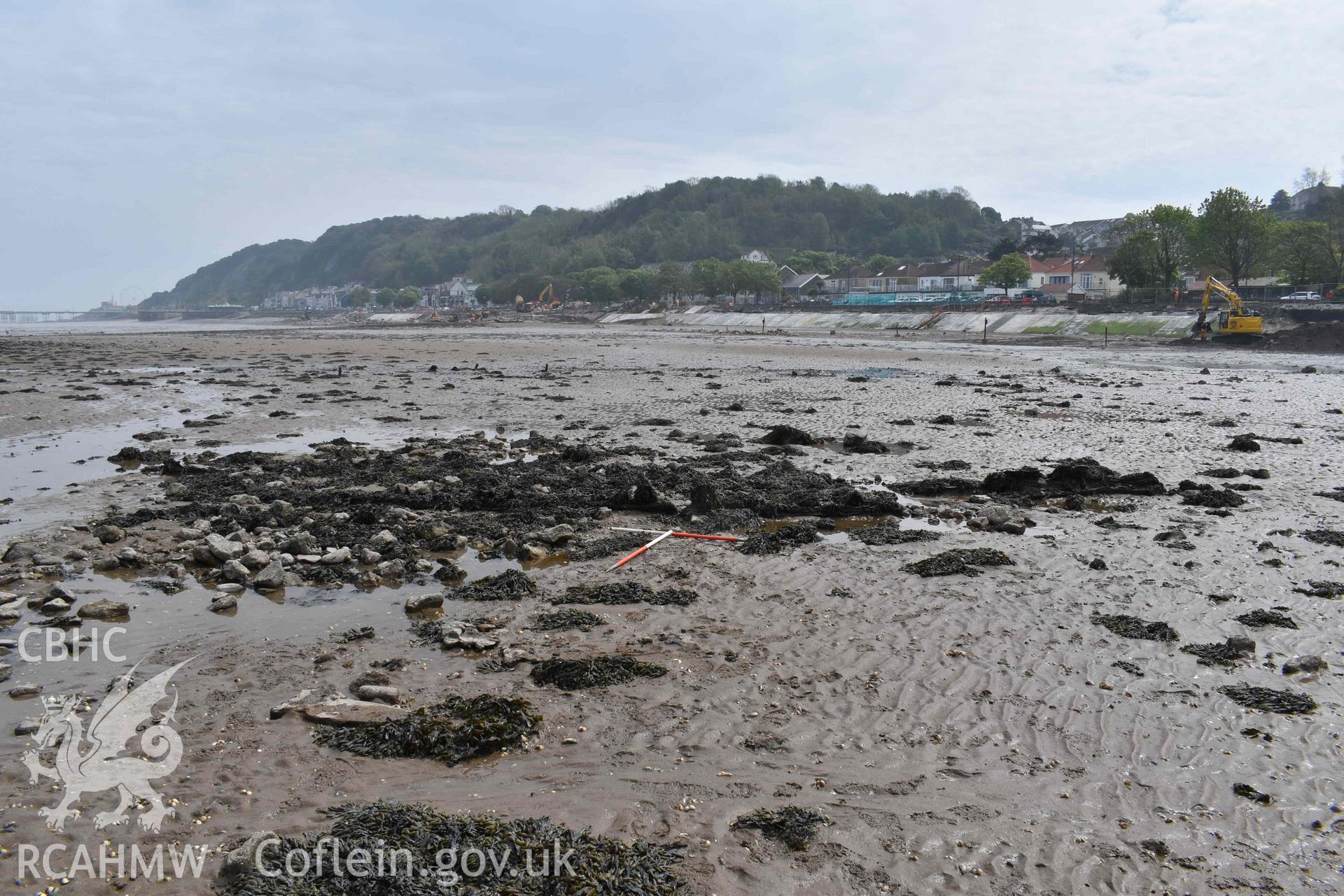 Mumbles Wreck 3, looking south, on 08/05/2024. Ongoing sea defence works are visible in the background.