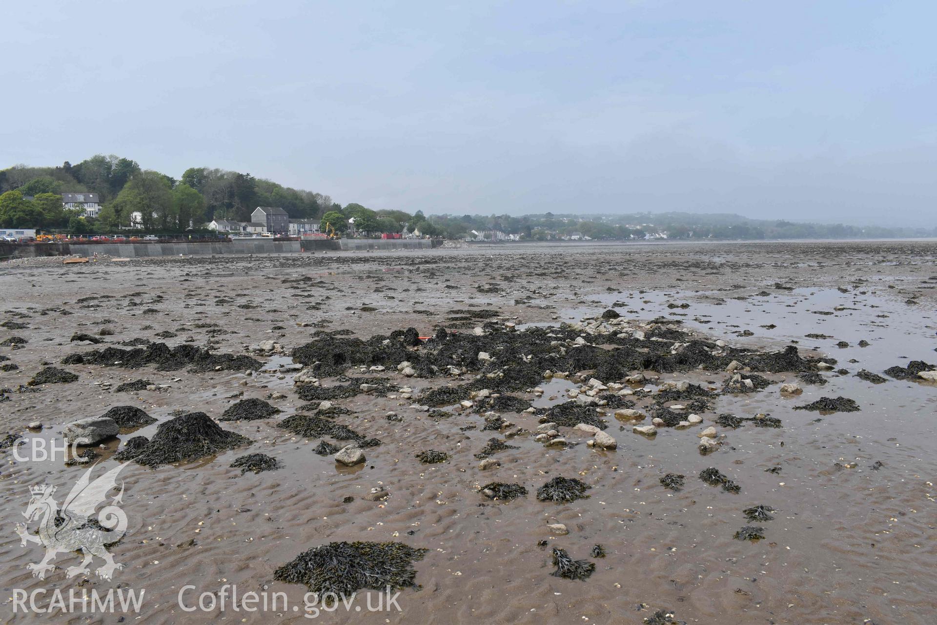 Mumbles Wreck 3, looking north, on 08/05/2024.  Ongoing sea defence works are visible in the background.