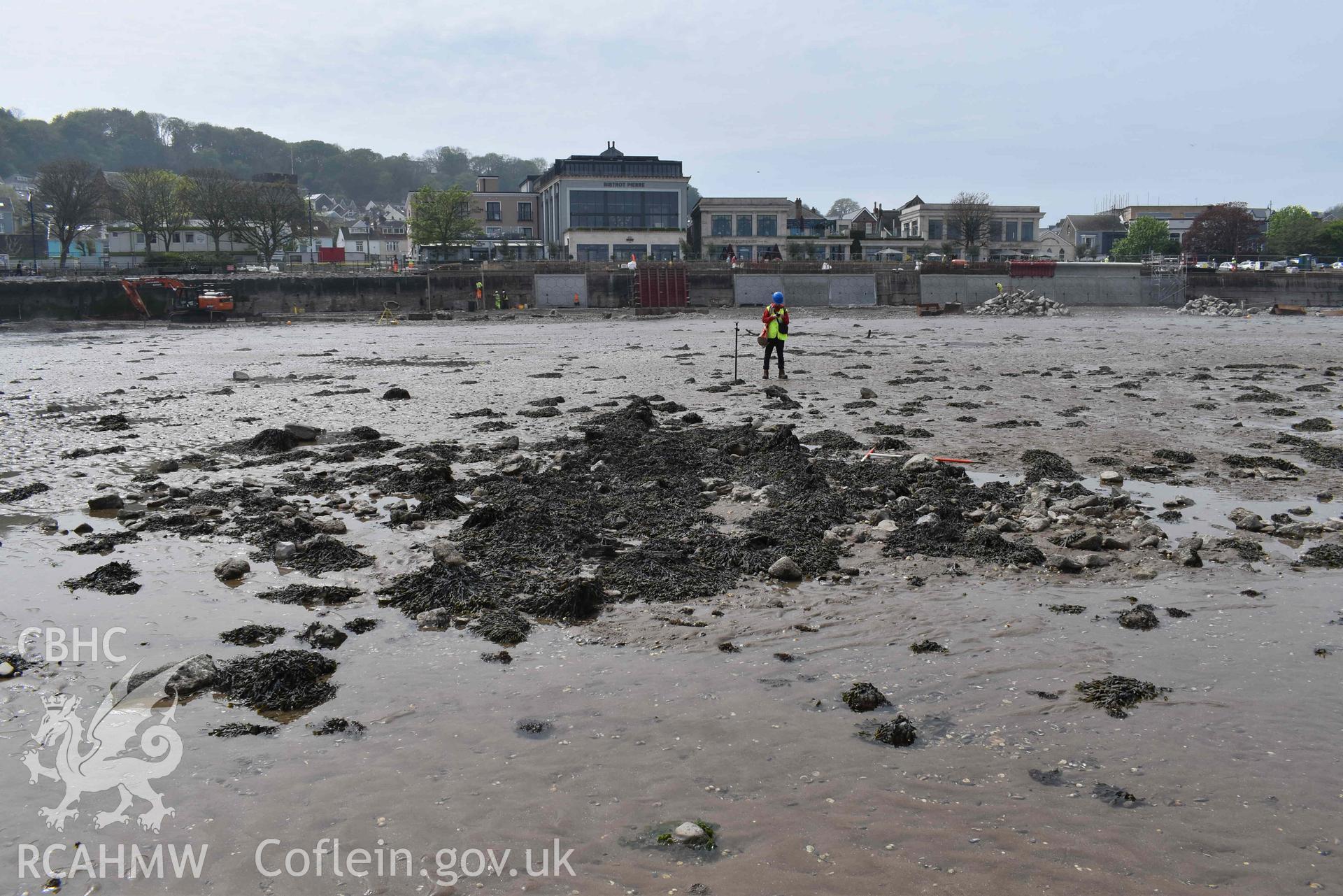 Mumbles Wreck 3, looking west, on 08/05/2024. Scales are 1m. Ongoing sea defence works are visible in the background.