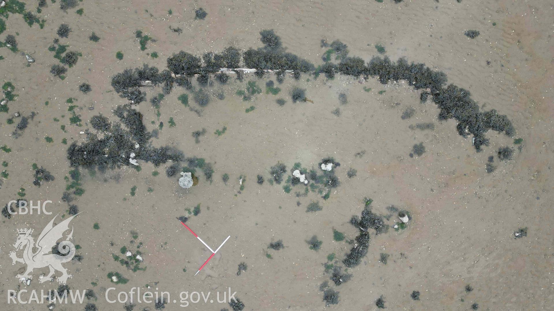 Mumbles Wreck 4, overhead view on 08/05/2024. North is to the top-left, scales are 1m.