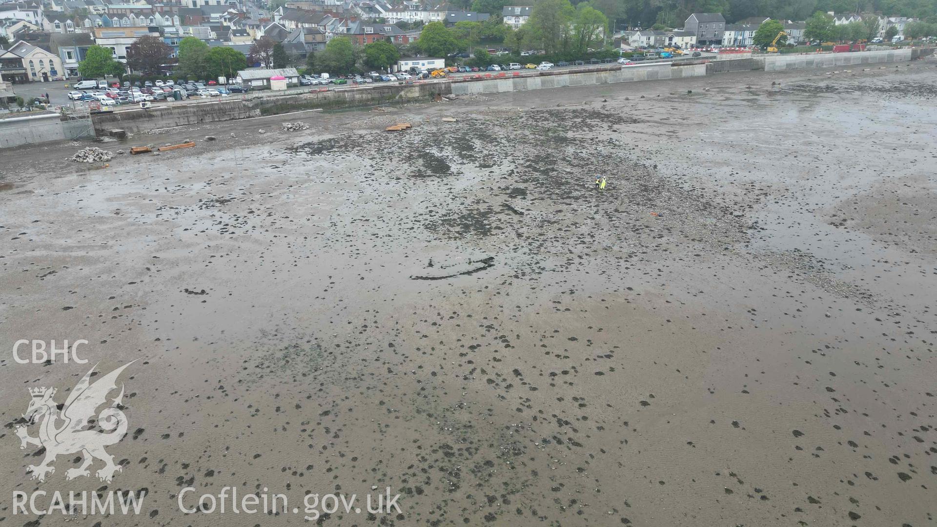 Mumbles Wreck 4, oblique view looking west on 08/05/2024, scales are 1m. Ongoing sea defence works are visible in the background.