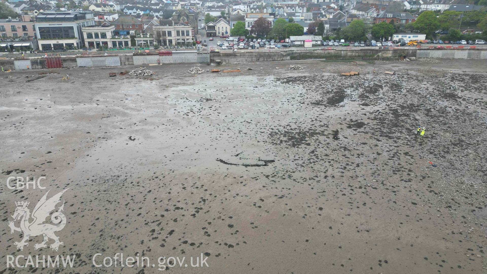 Mumbles Wreck 4, oblique view looking southwest on 08/05/2024, scales are 1m. Ongoing sea defence works are visible in the background.