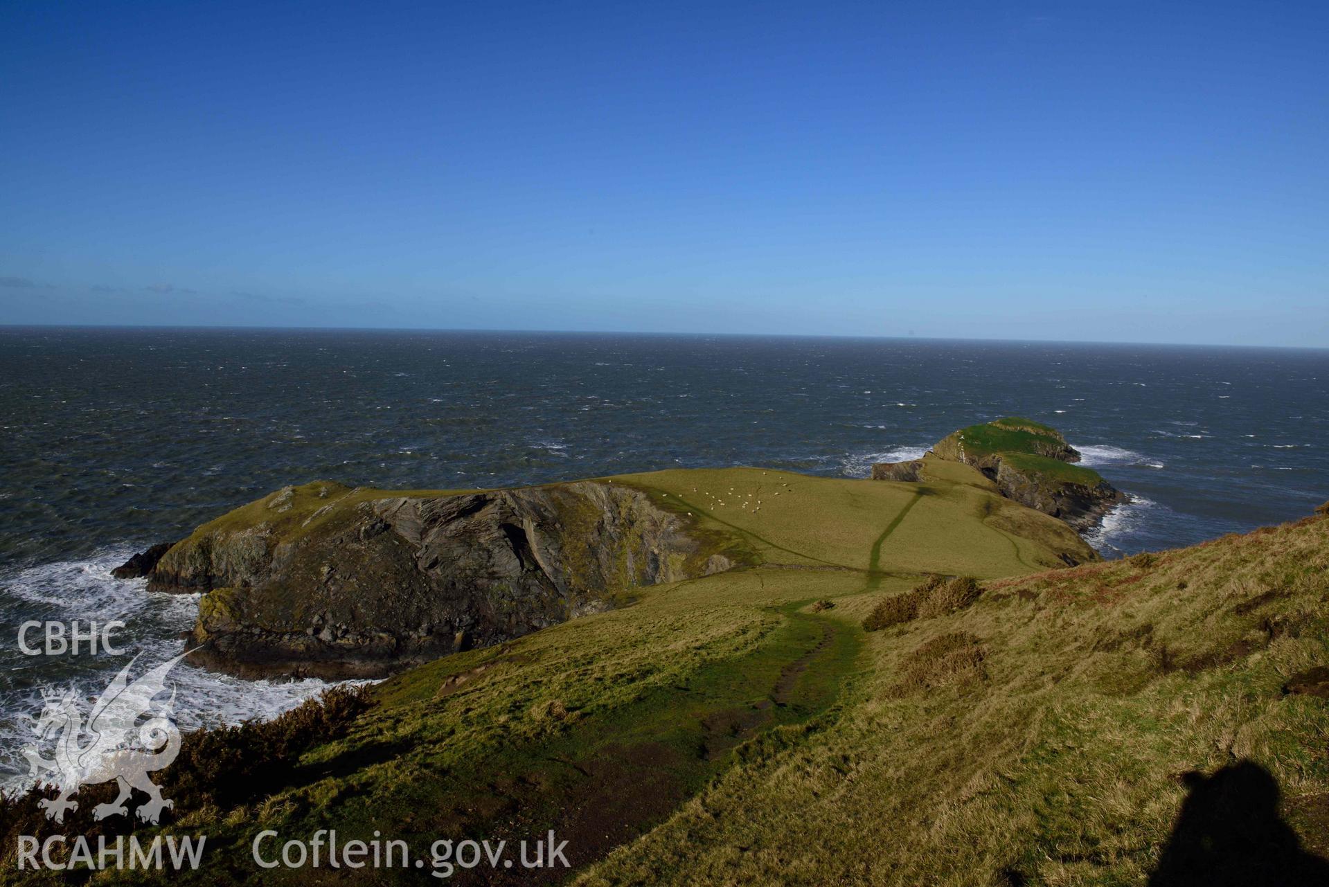 Looking north to Ynys Lochtyn defended enclosure.