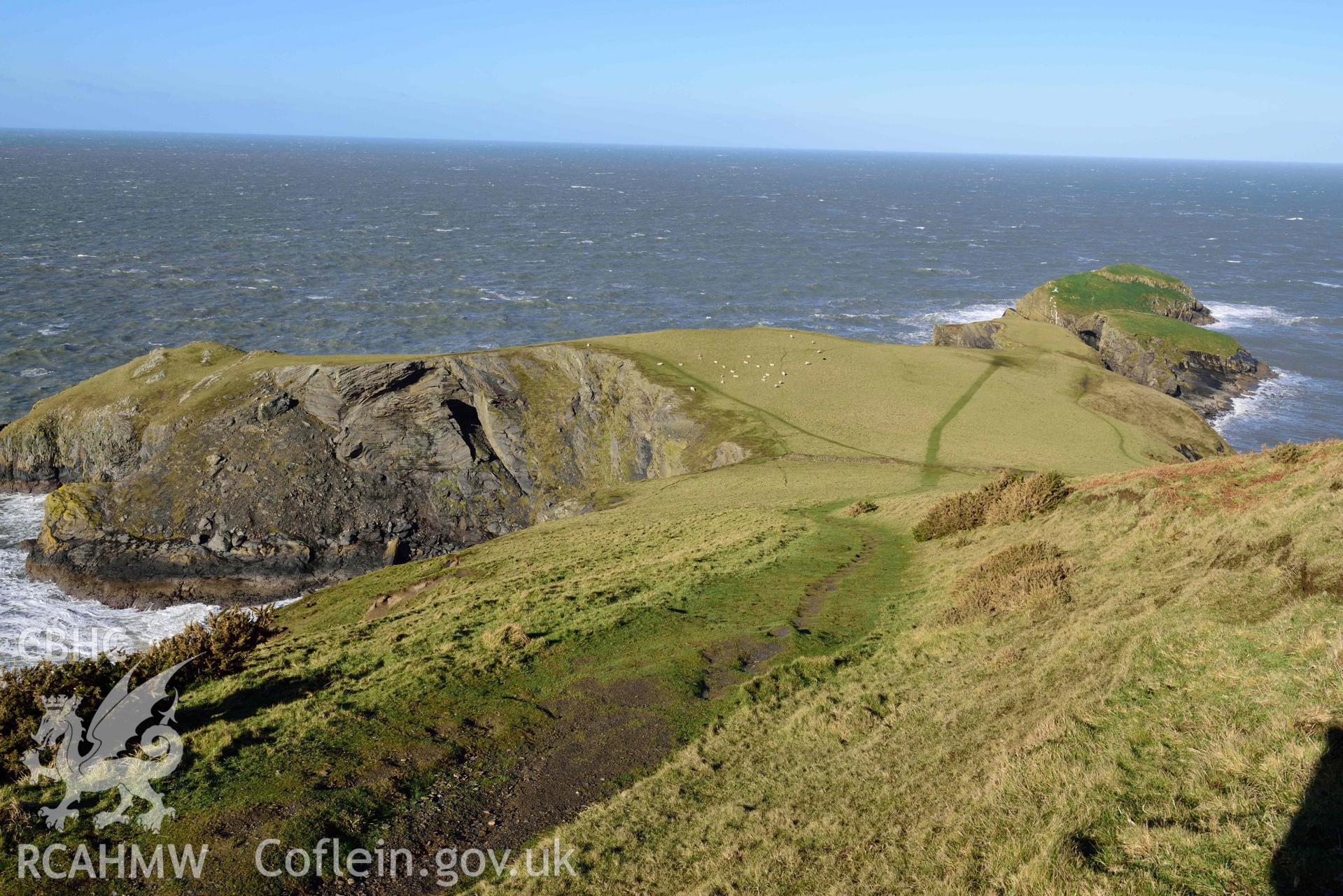 Looking north to Ynys Lochtyn defended enclosure.