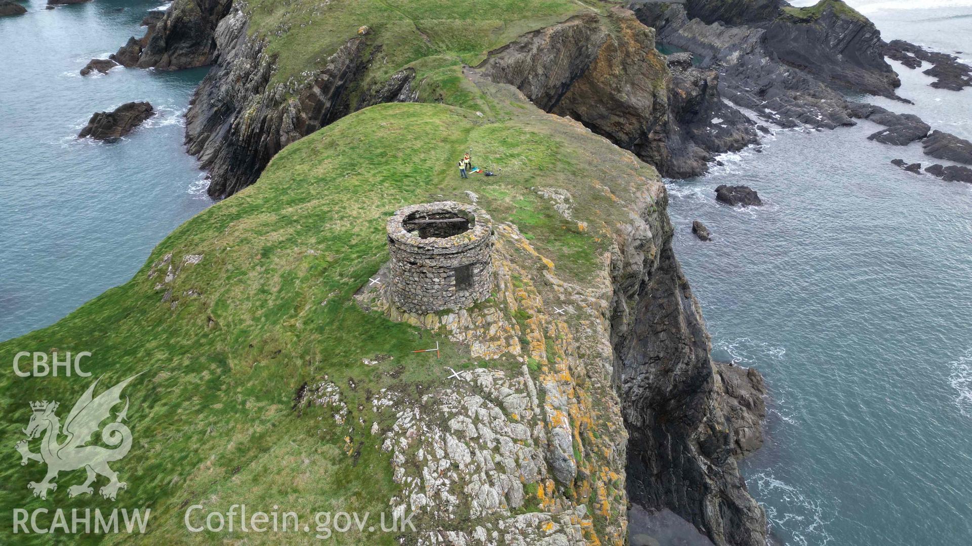 Oblique view of Abereiddi Tower looking south on 30/10/2024. Scales are 1m.