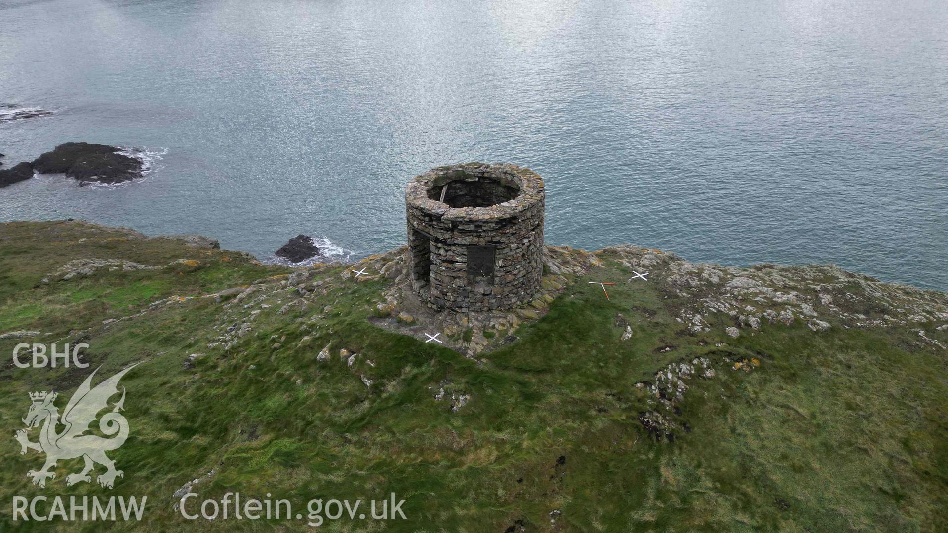 Oblique view of Abereiddi Tower looking west on 30/10/2024. Scales are 1m.