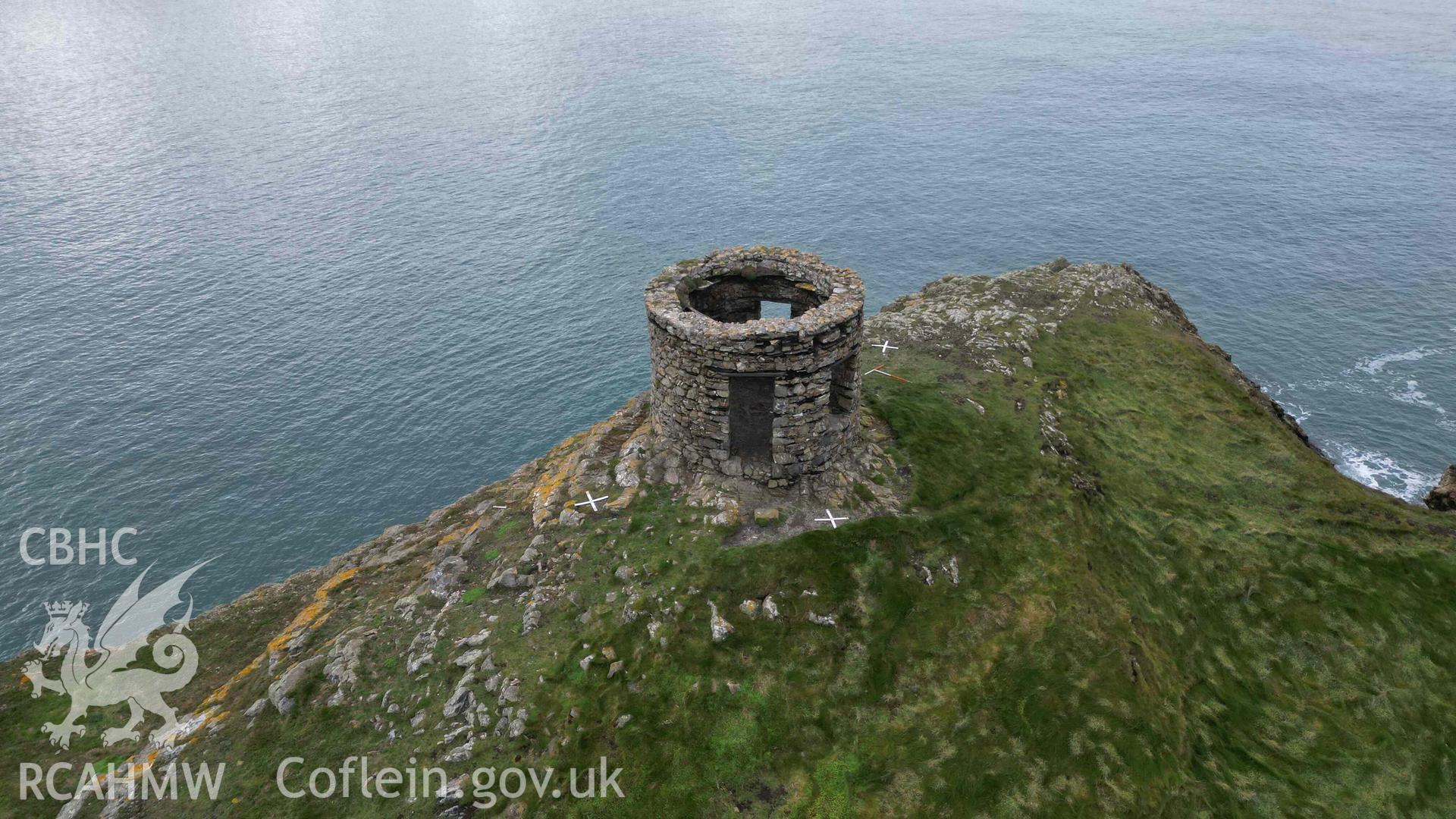 General oblique viw of Abereiddi Tower looking west on 30/10/2024. St David's Head and the North Bishop rocks are visible in the distance.