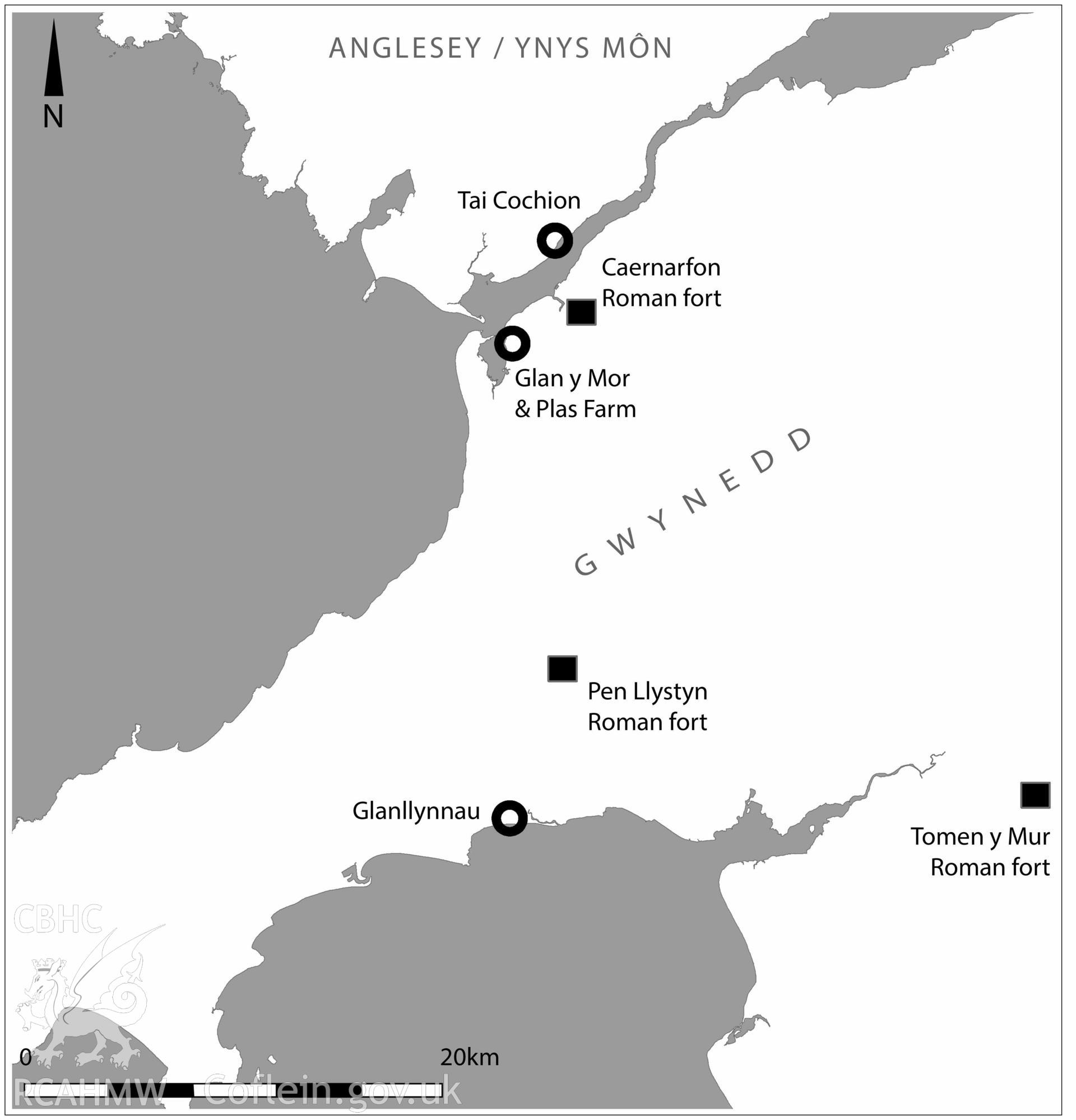 Location map for NPRNs 409821 (Glan y Mor) and 423651 (Plas Farm) coastal Roman settlements revealed as cropmarks during 2018 aerial reconnaissance in north-west Wales. Map published in Driver, T., Burnham, B C, and Davies, J. L. 2020. Roman Wales: Aerial Discoveries and New Observations from the Drought of 2018. Britannia. 1-29. Figure 18