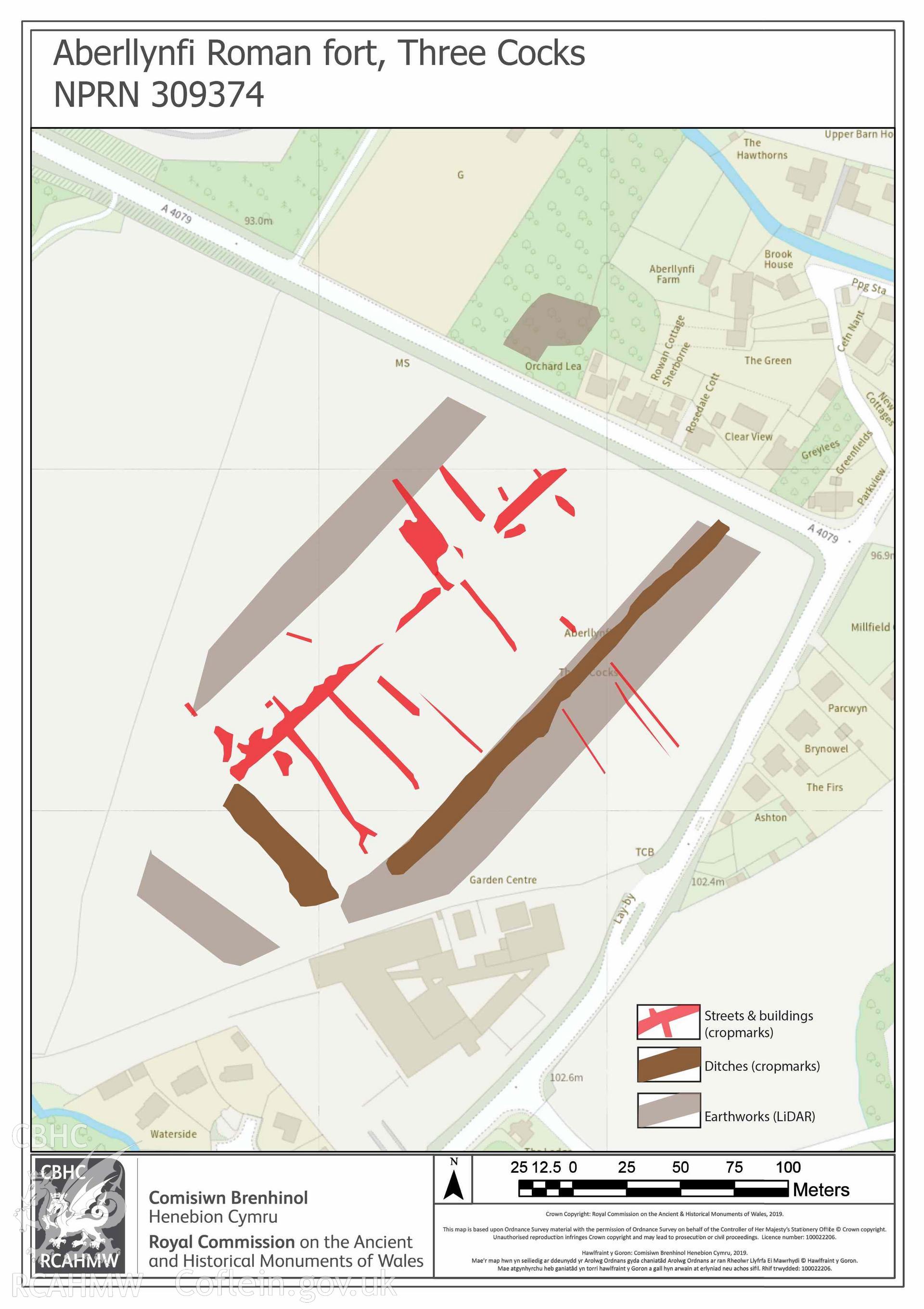 Aberllynfi Roman fort, Three Cocks. Air photo mapping with LiDAR earthwork detail shown in brown. Mapping from AP_2022_2728 - 2752