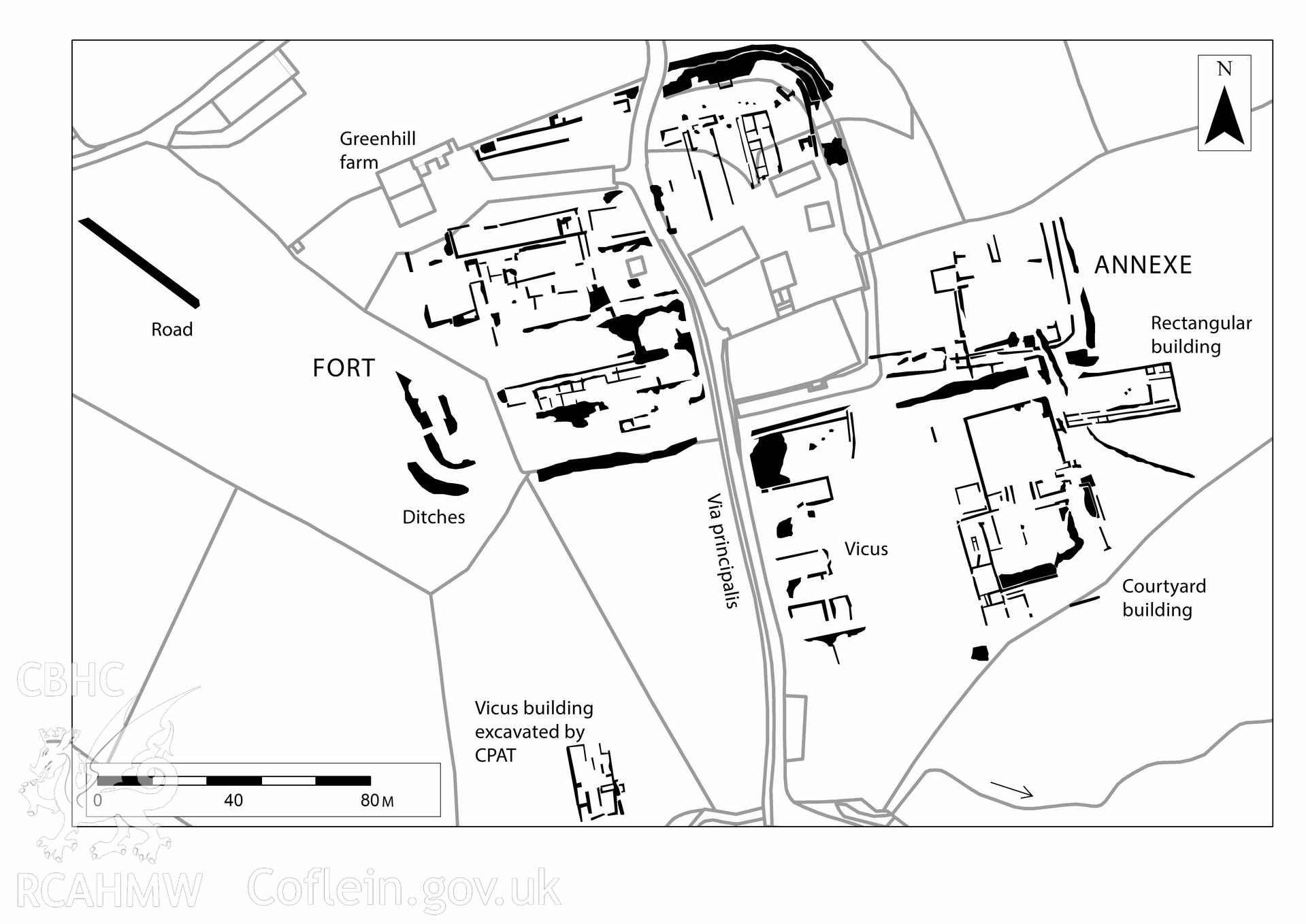 Pen y Gaer Roman fort. Air photo mapping of 2018 cropmarks. Plan published in Driver, T., Burnham, B C, and Davies, J. L. 2020. Roman Wales: Aerial Discoveries and New Observations from the Drought of 2018. Britannia. 1-29. Figure 10