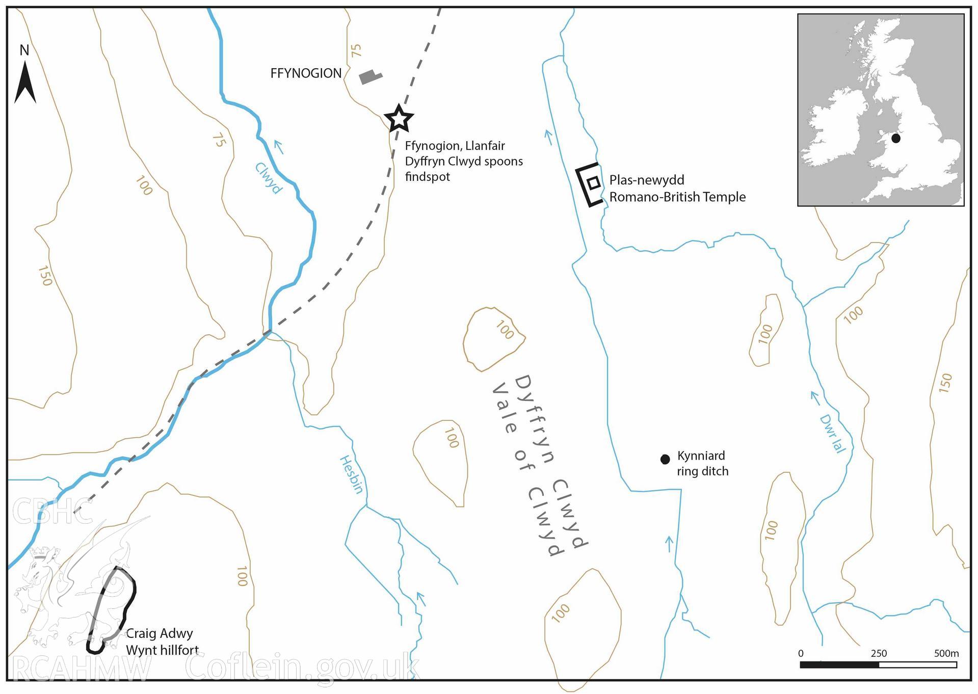 The Ffynogion spoons. Map showing the approximate 1861 findspot of the spoons (star), to the south of Ffynogion house on the line of the railway cutting (dotted line). Note the proximity of PlasNewydd Romano-British temple, which is likely to be a significant relationship. Contours in metres. Published as Figure 18 in Archaeologia Cambrensis 127 (2023), 87–136: Castell Nadolig hillfort and the Penbryn spoons: a new investigation